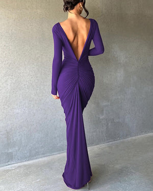 Reversible Pleated Long-Sleeved Backless Maxi Dress