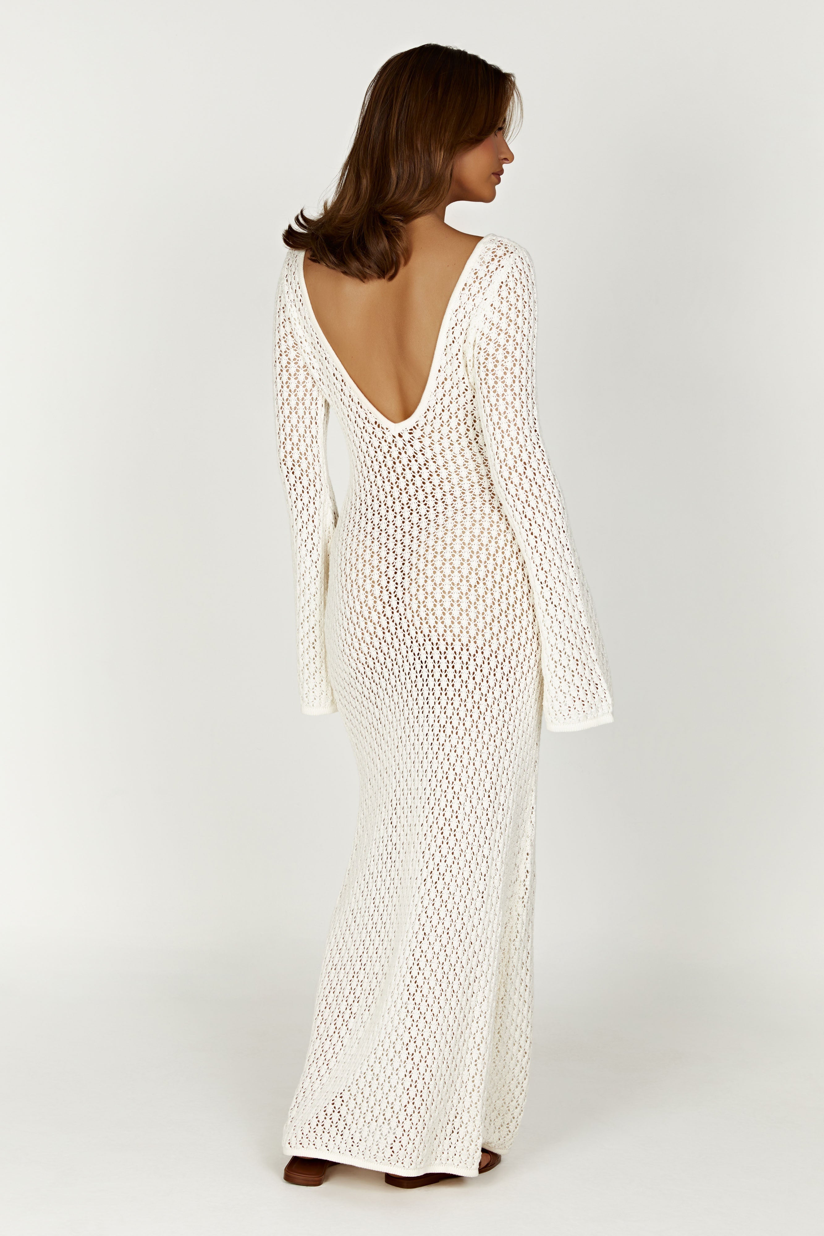 Kay Crochet Fishtail Flare Sleeve Maxi Dress - White