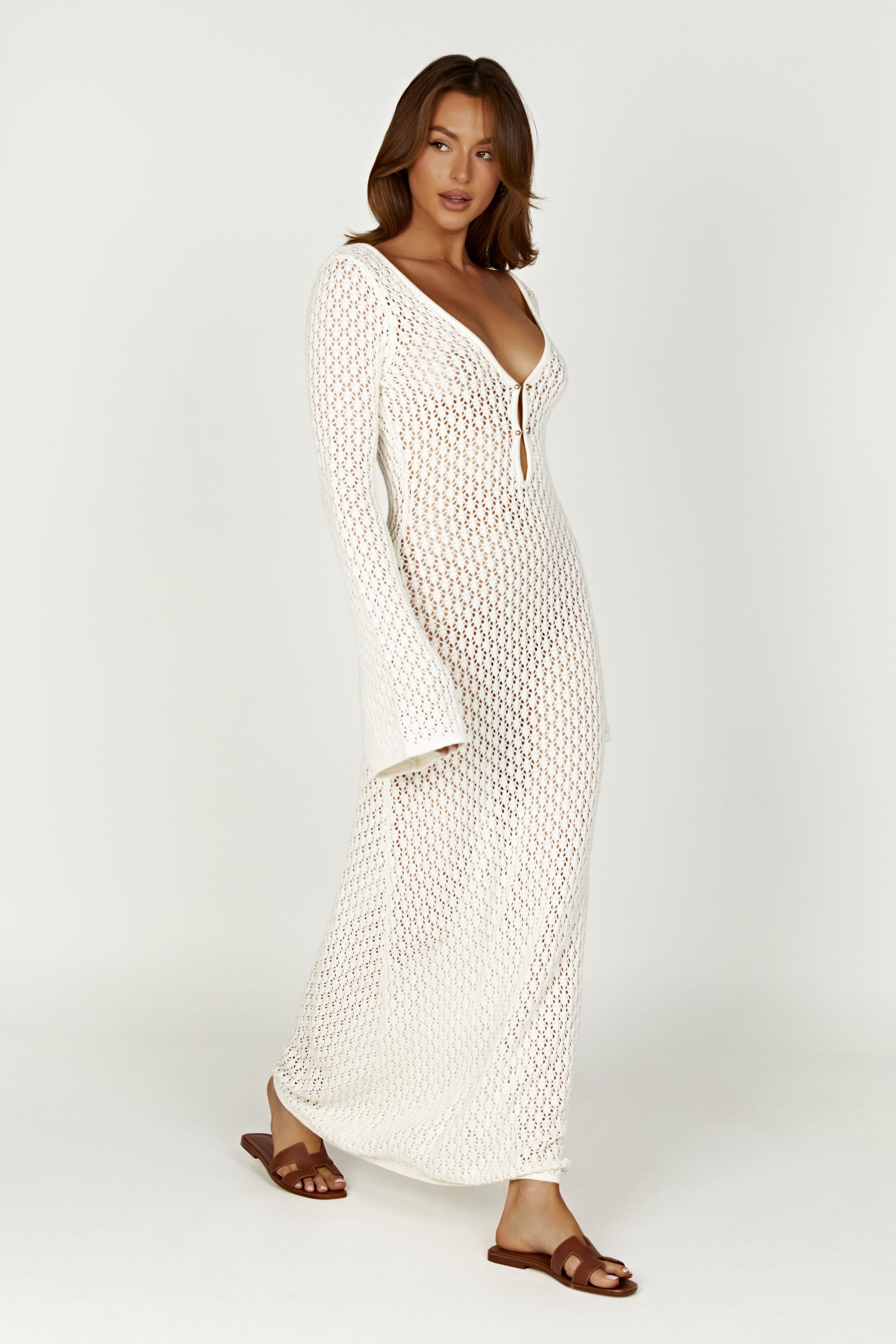 Kay Crochet Fishtail Flare Sleeve Maxi Dress - White