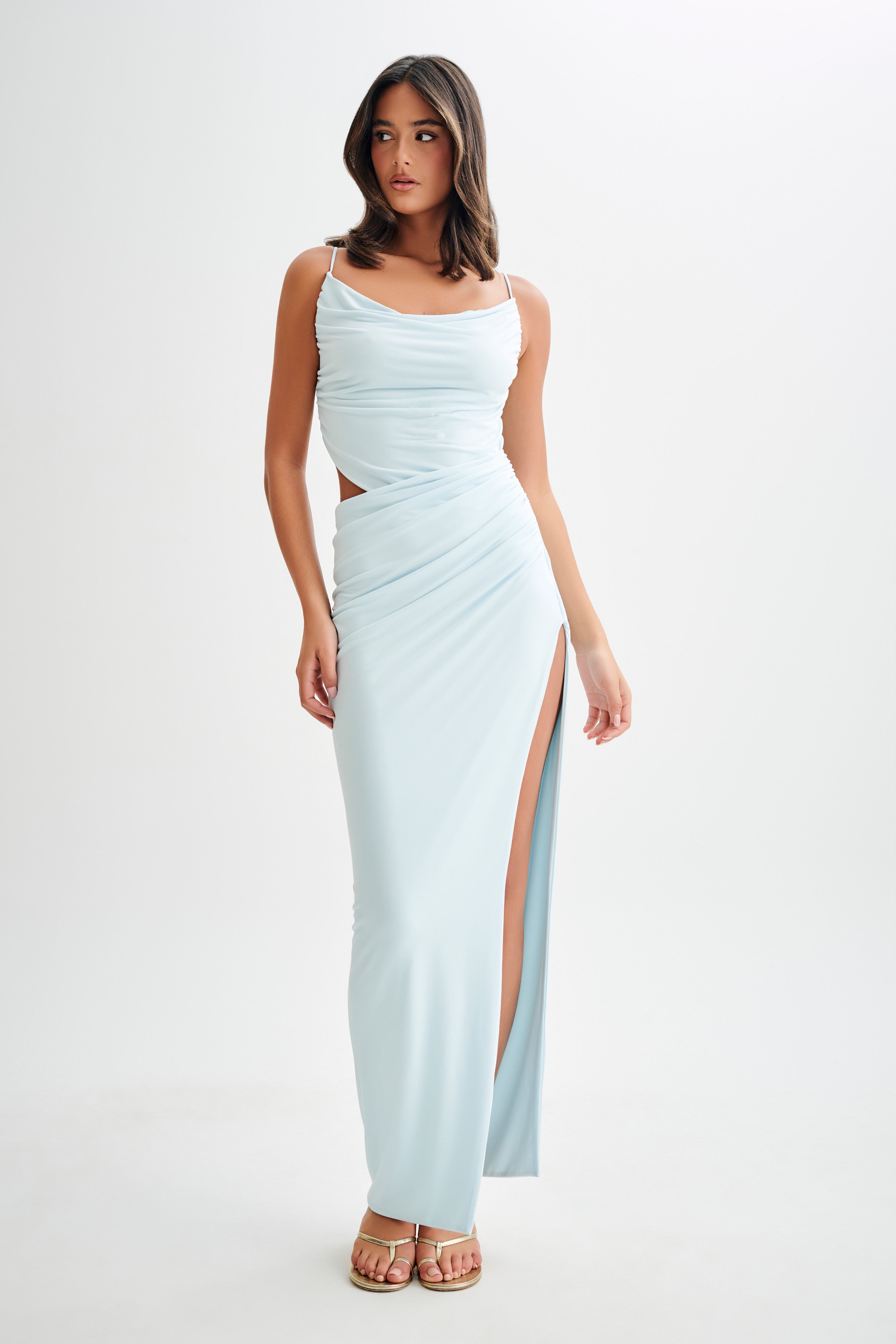 Jadora Draped Slinky Maxi Dress - Sky Blue