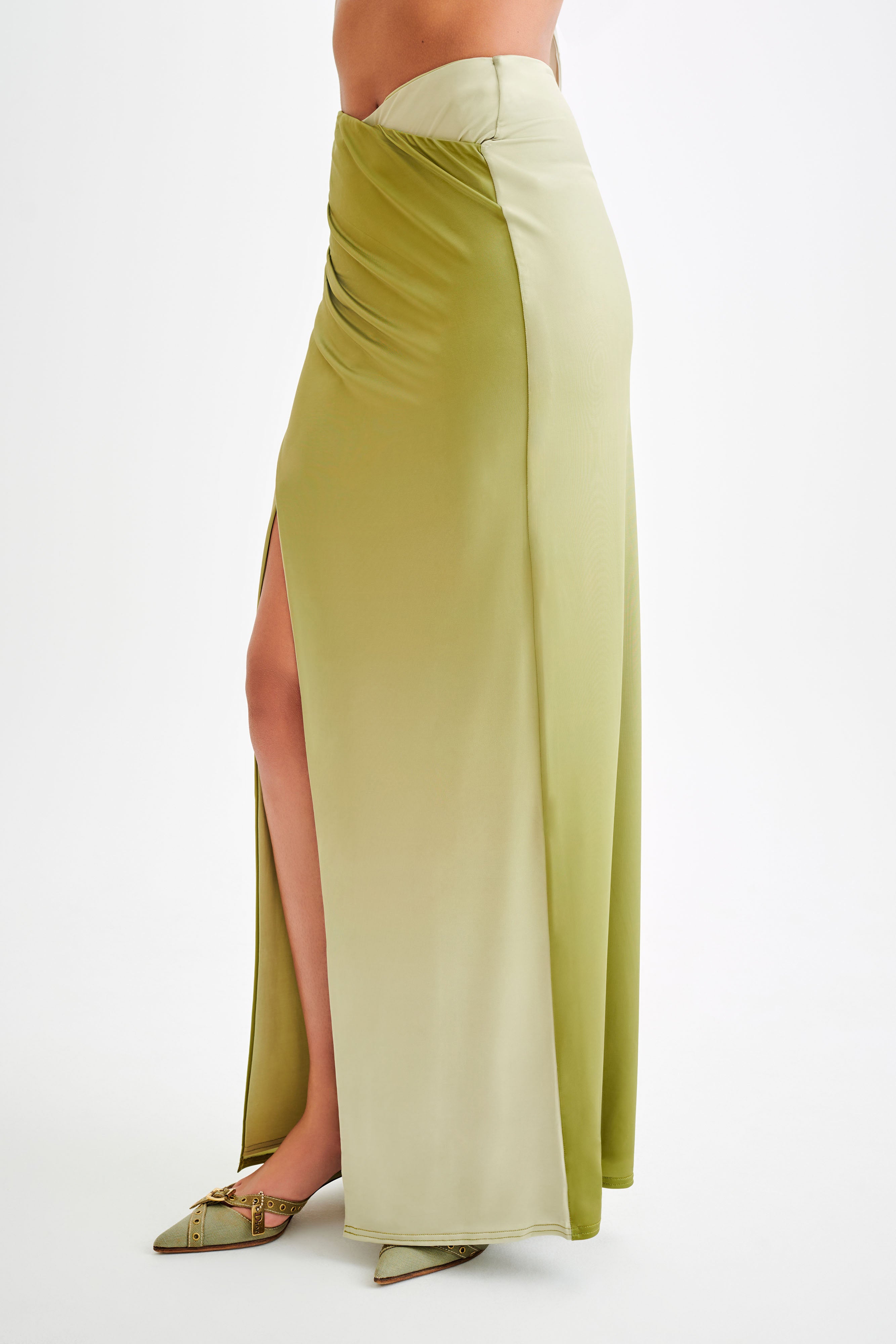 Bronwyn Slinky Ruched Maxi Skirt With Split - Ombre Vintage Olive