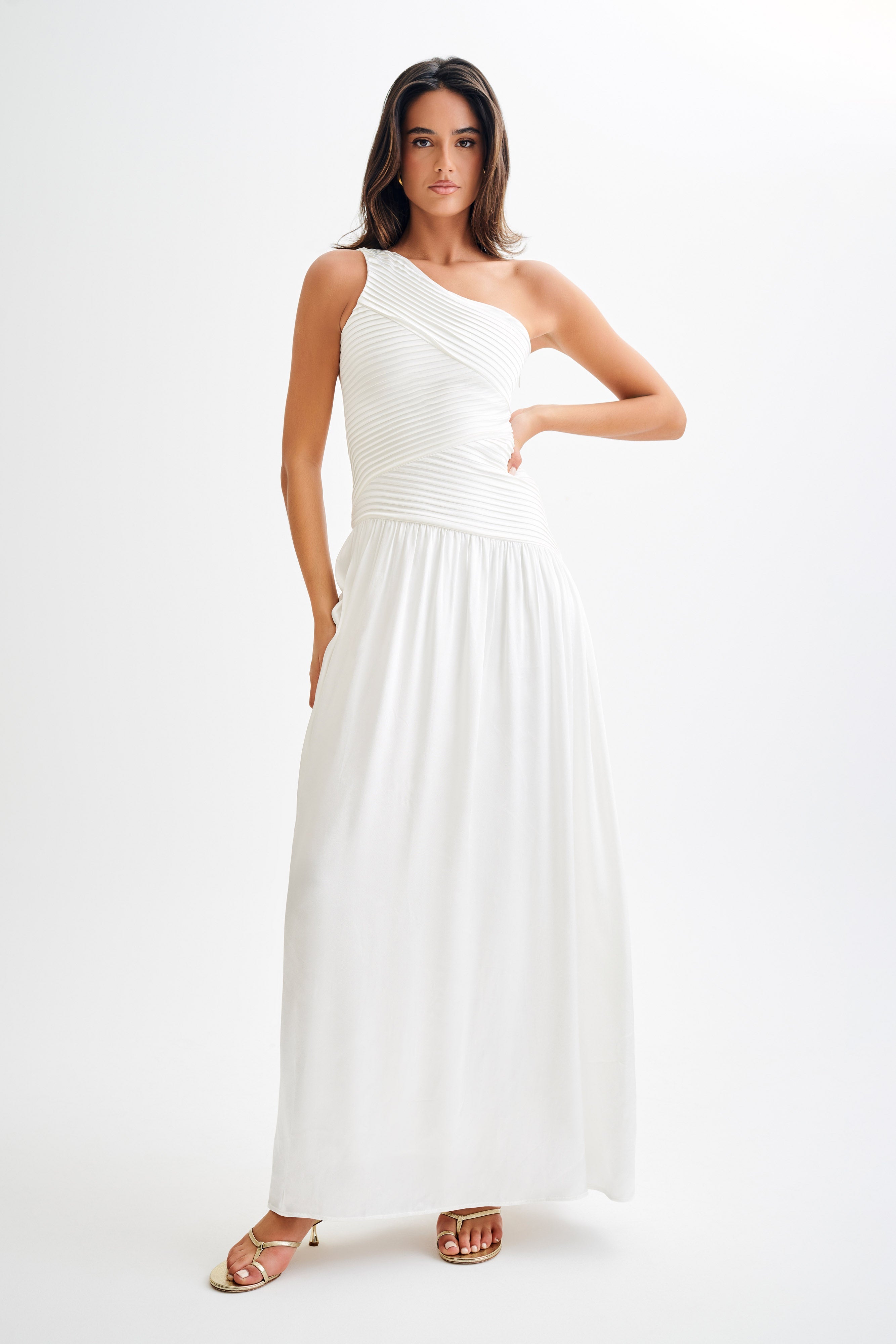 Jenn One Shoulder Pleated Maxi Dress - Ivory