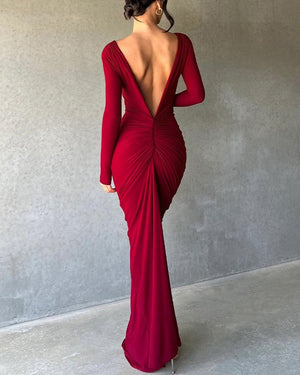 Reversible Pleated Long-Sleeved Backless Maxi Dress