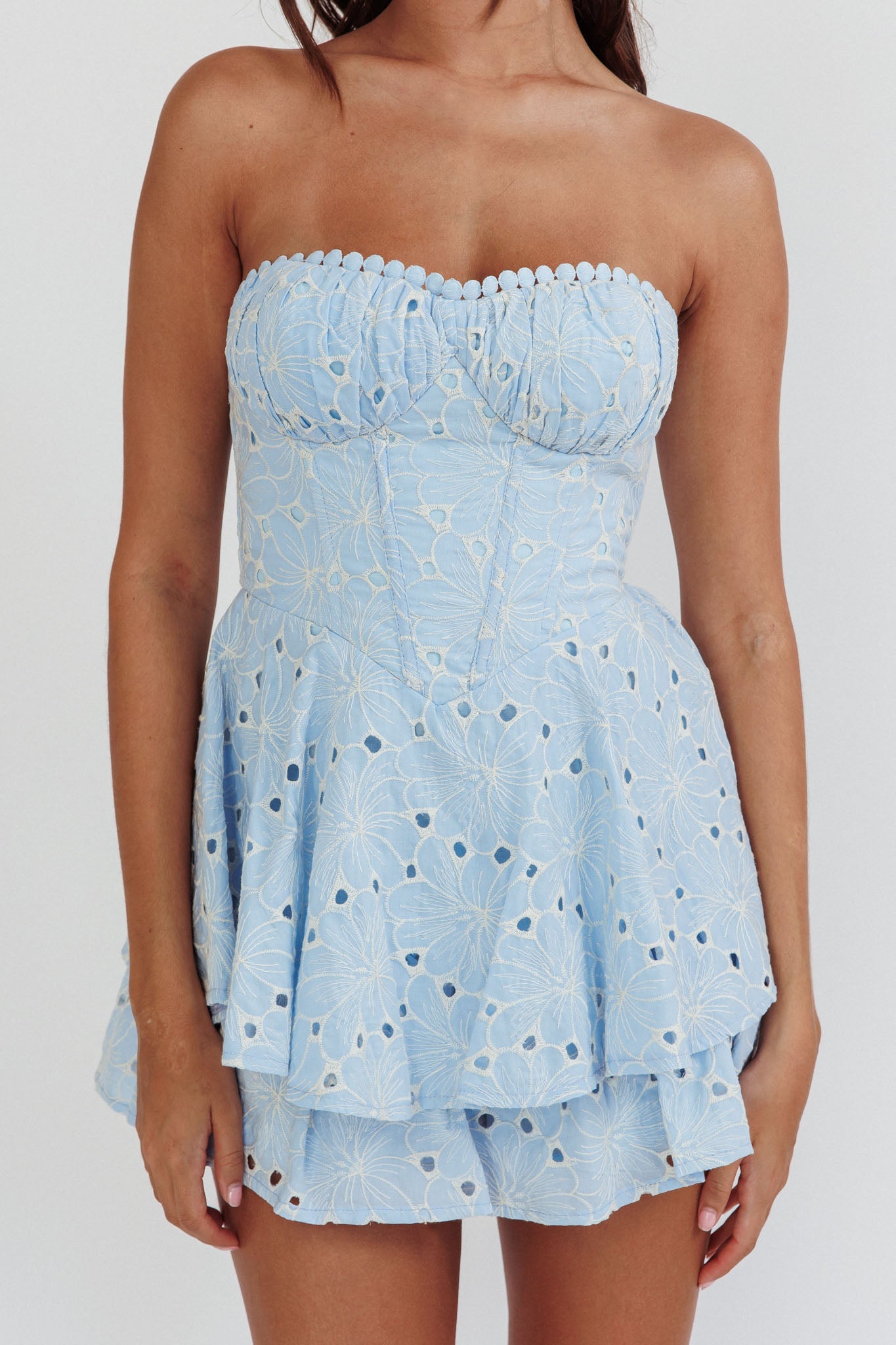 Paris Muse Gathered Bust Embroidered Romper Blue