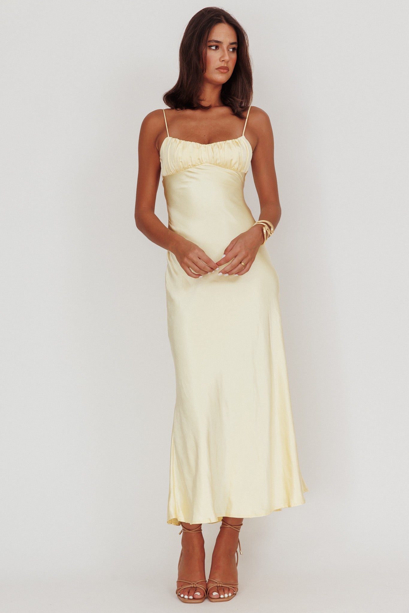 Nerida Twist Back Satin Maxi Dress Lemon