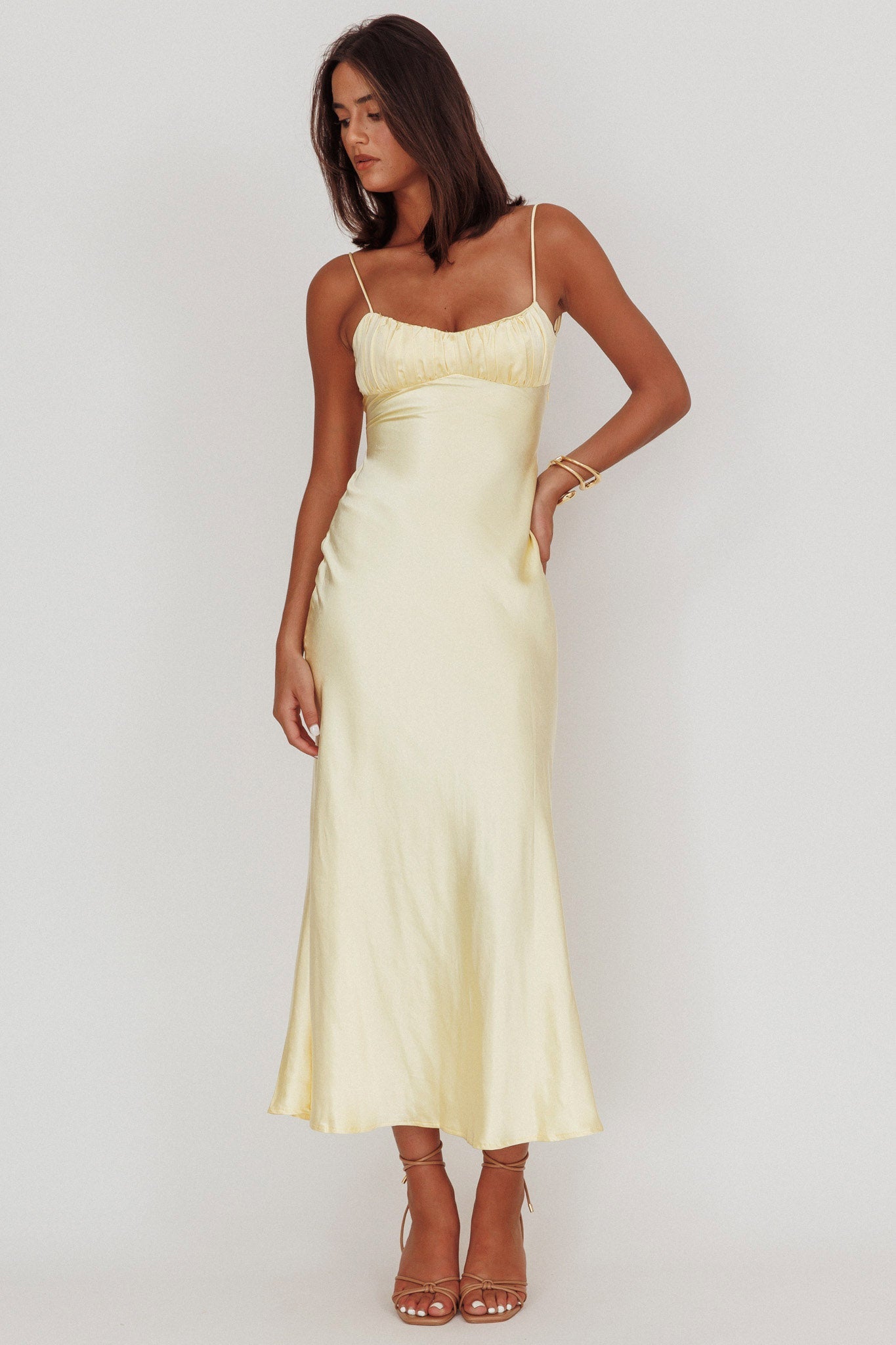 Nerida Twist Back Satin Maxi Dress Lemon