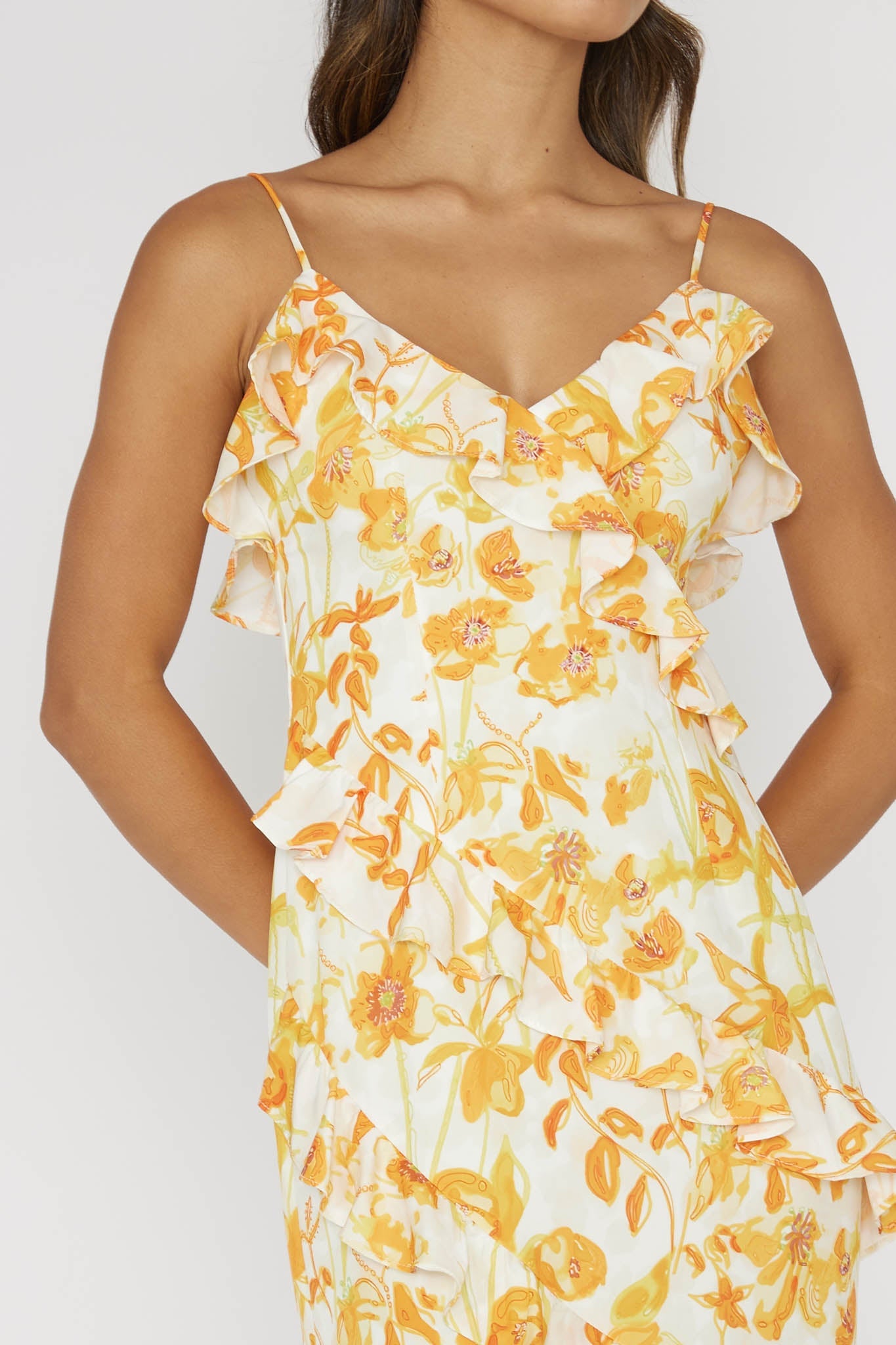 Silvana Frill Trim Midi Dress Floral Orange