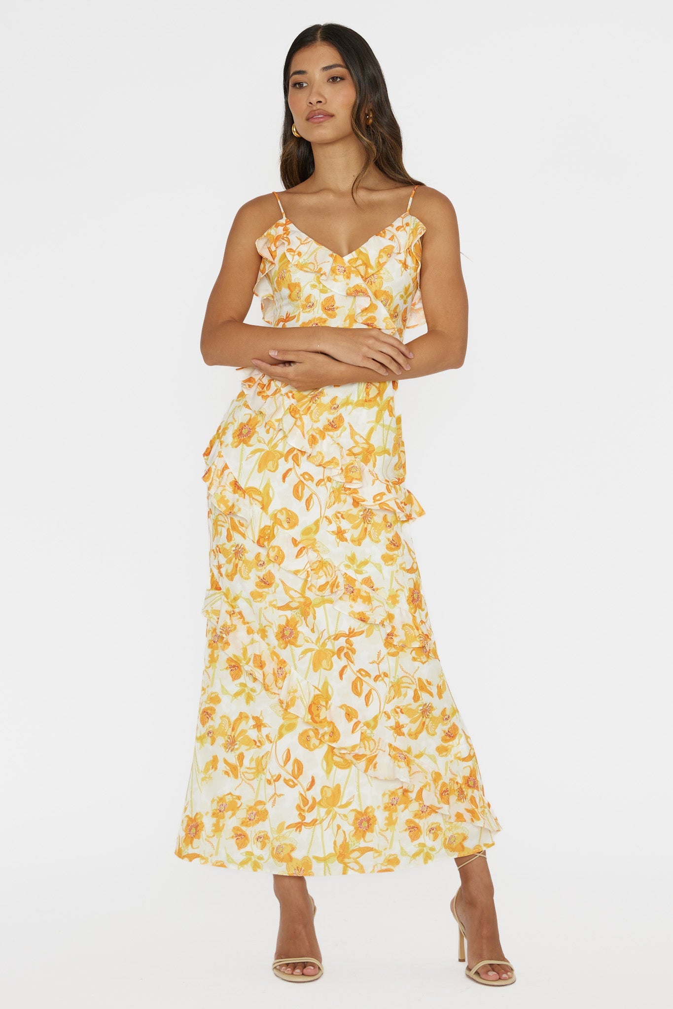 Silvana Frill Trim Midi Dress Floral Orange