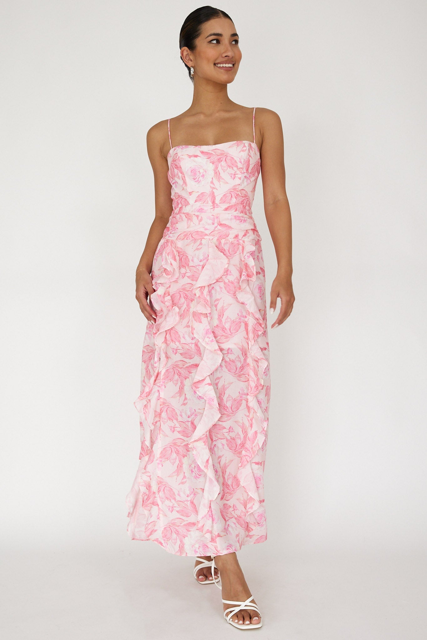 Serif Ruffle Trim Split Maxi Dress Pink