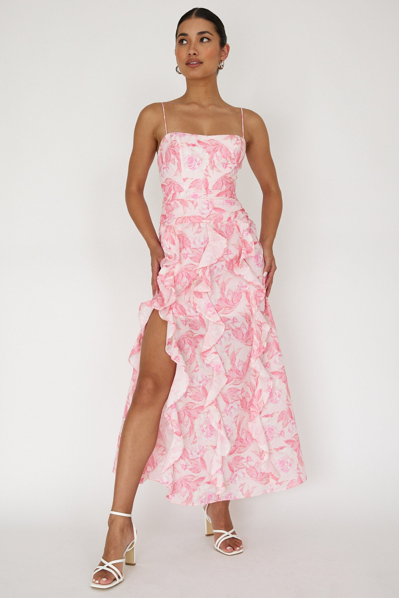 Serif Ruffle Trim Split Maxi Dress Pink