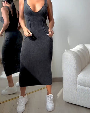 Ribbed Washed Zipper Bodycon Dress (Pre-sale)