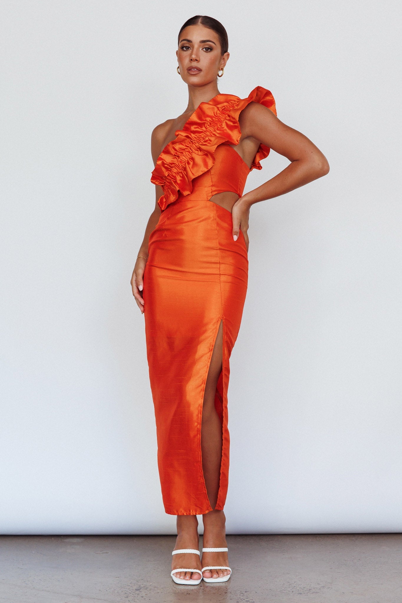 NY Moment Wide Ruffle Shoulder Dress Orange