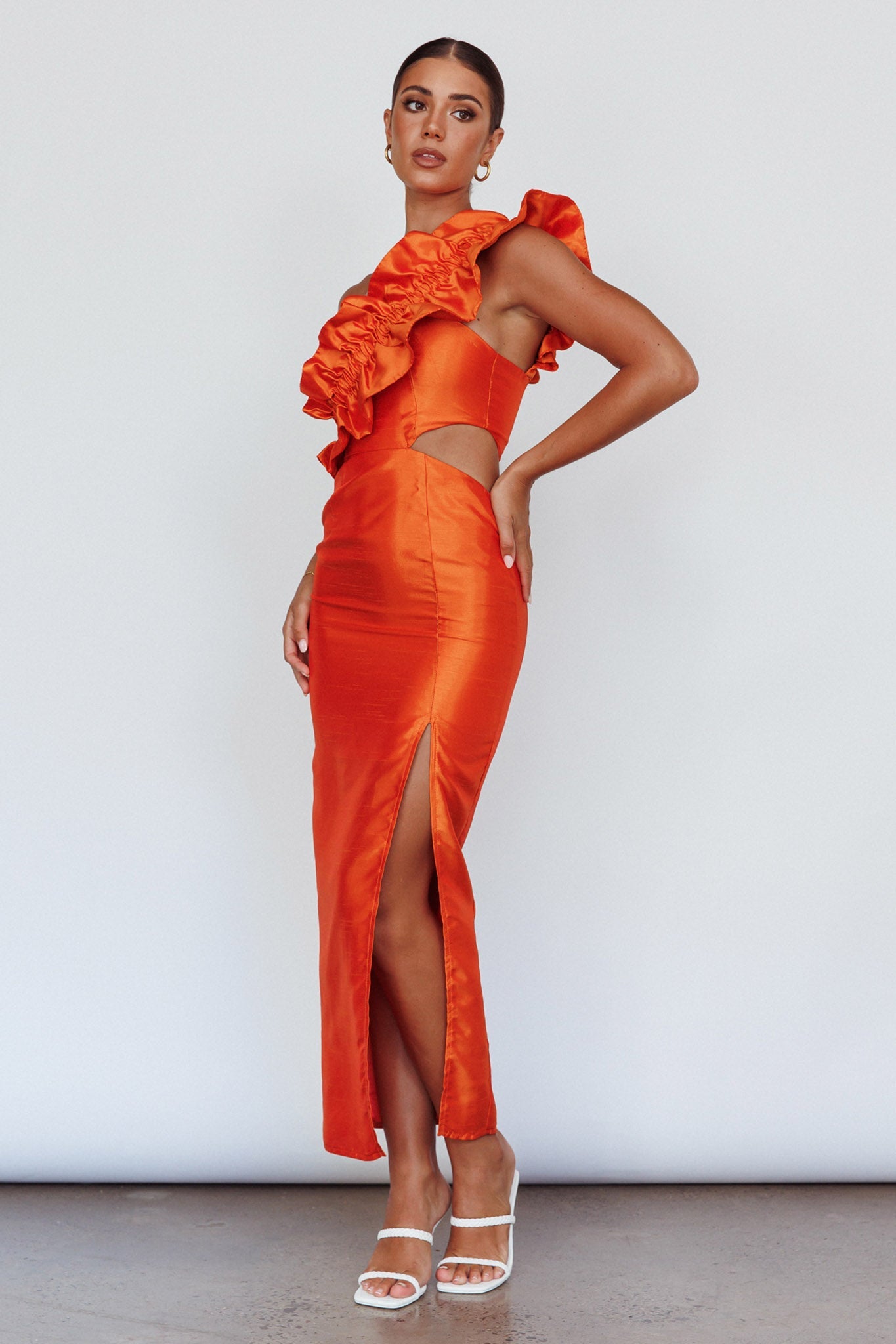 NY Moment Wide Ruffle Shoulder Dress Orange