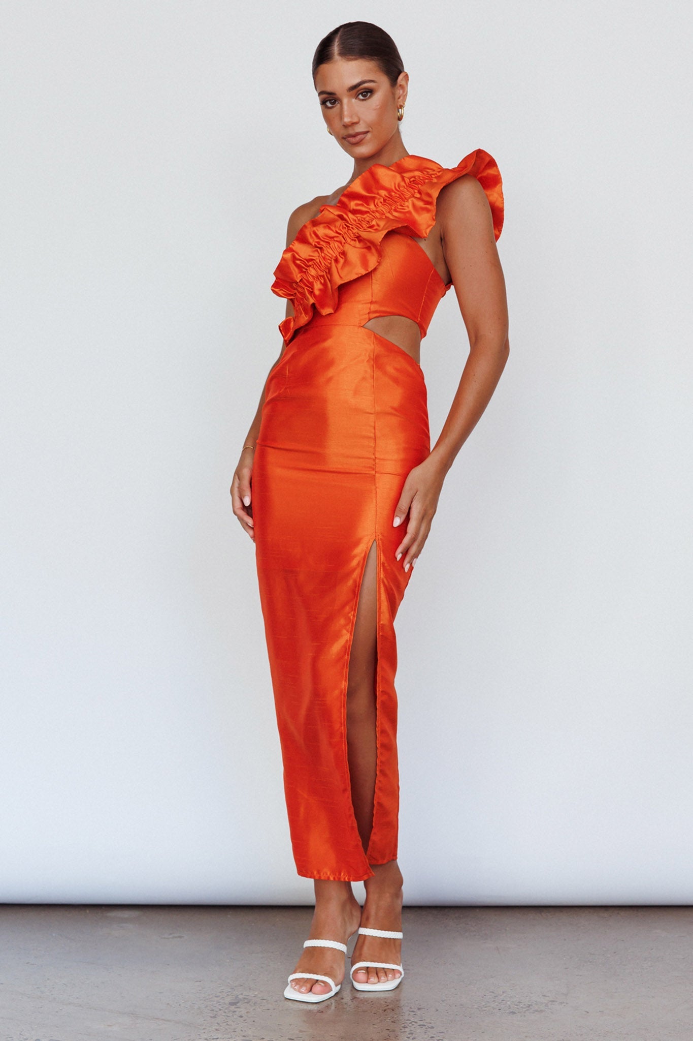 NY Moment Wide Ruffle Shoulder Dress Orange