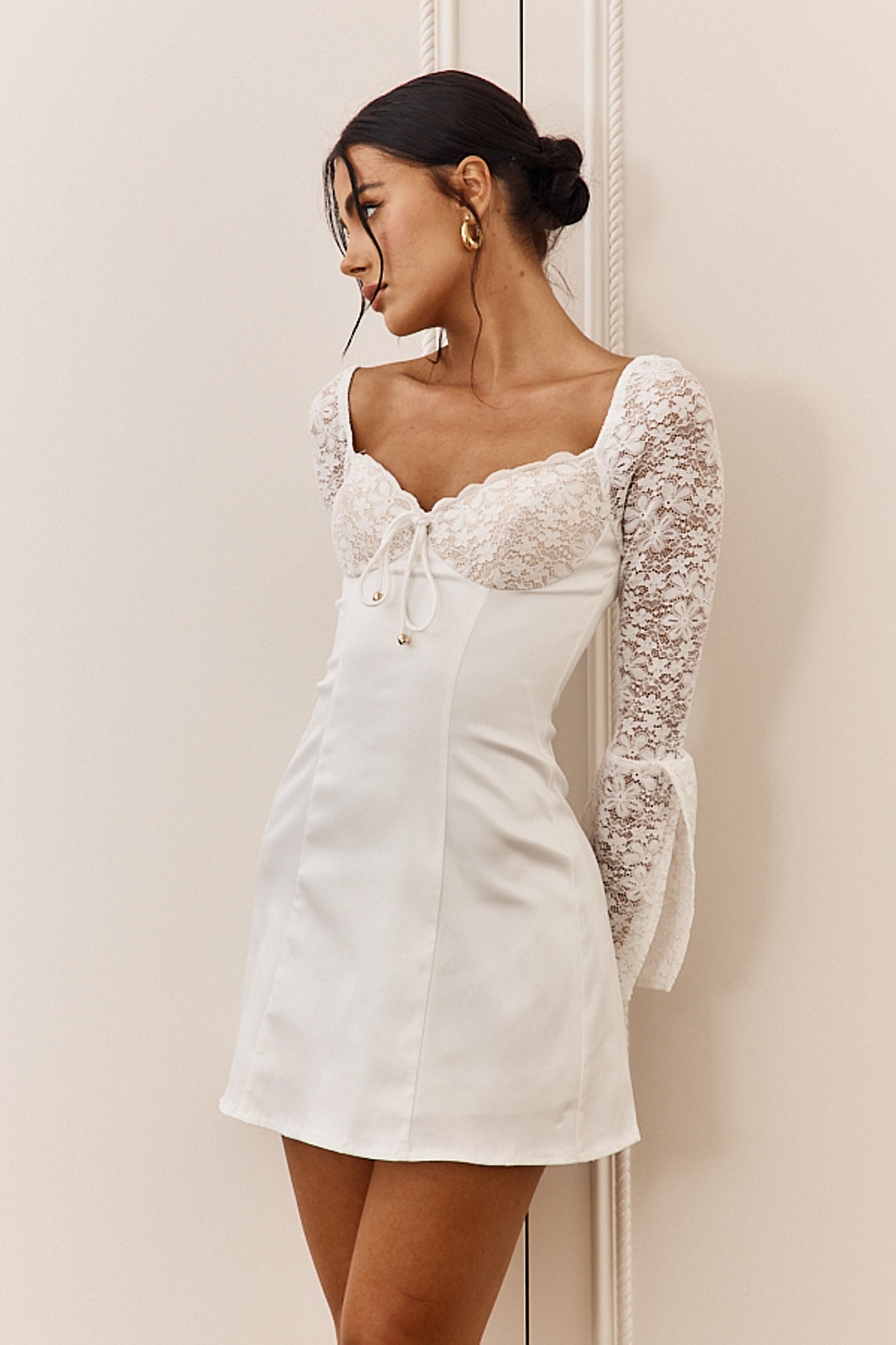 Ti Amo Lace Bust Long Sleeve Mini Dress White