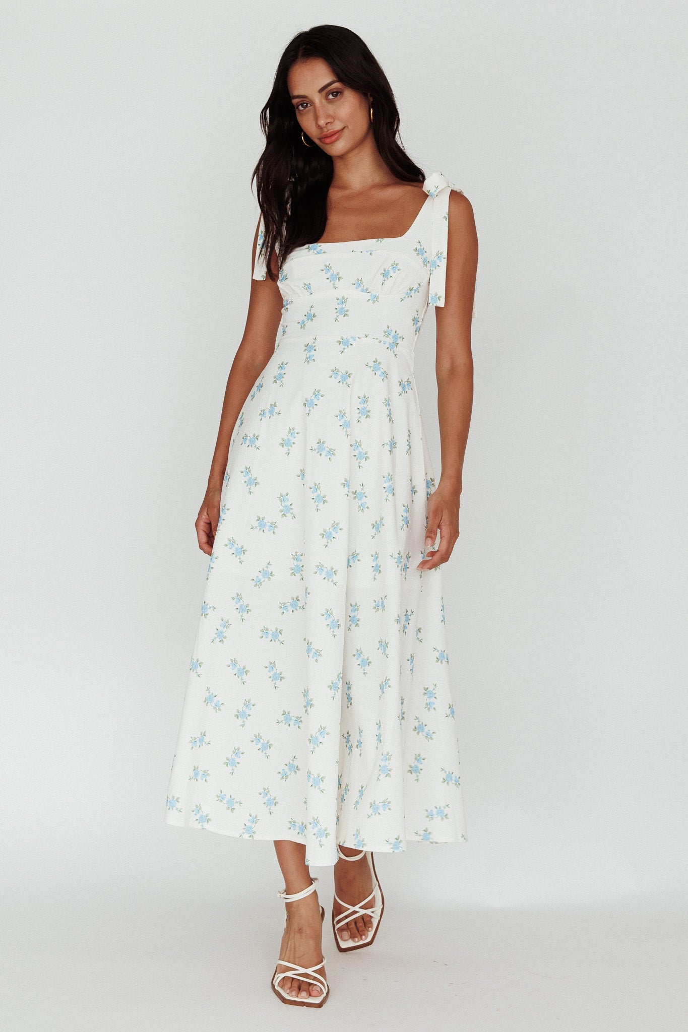 Mathilda Tied Shoulder Midi Dress Blue Floral