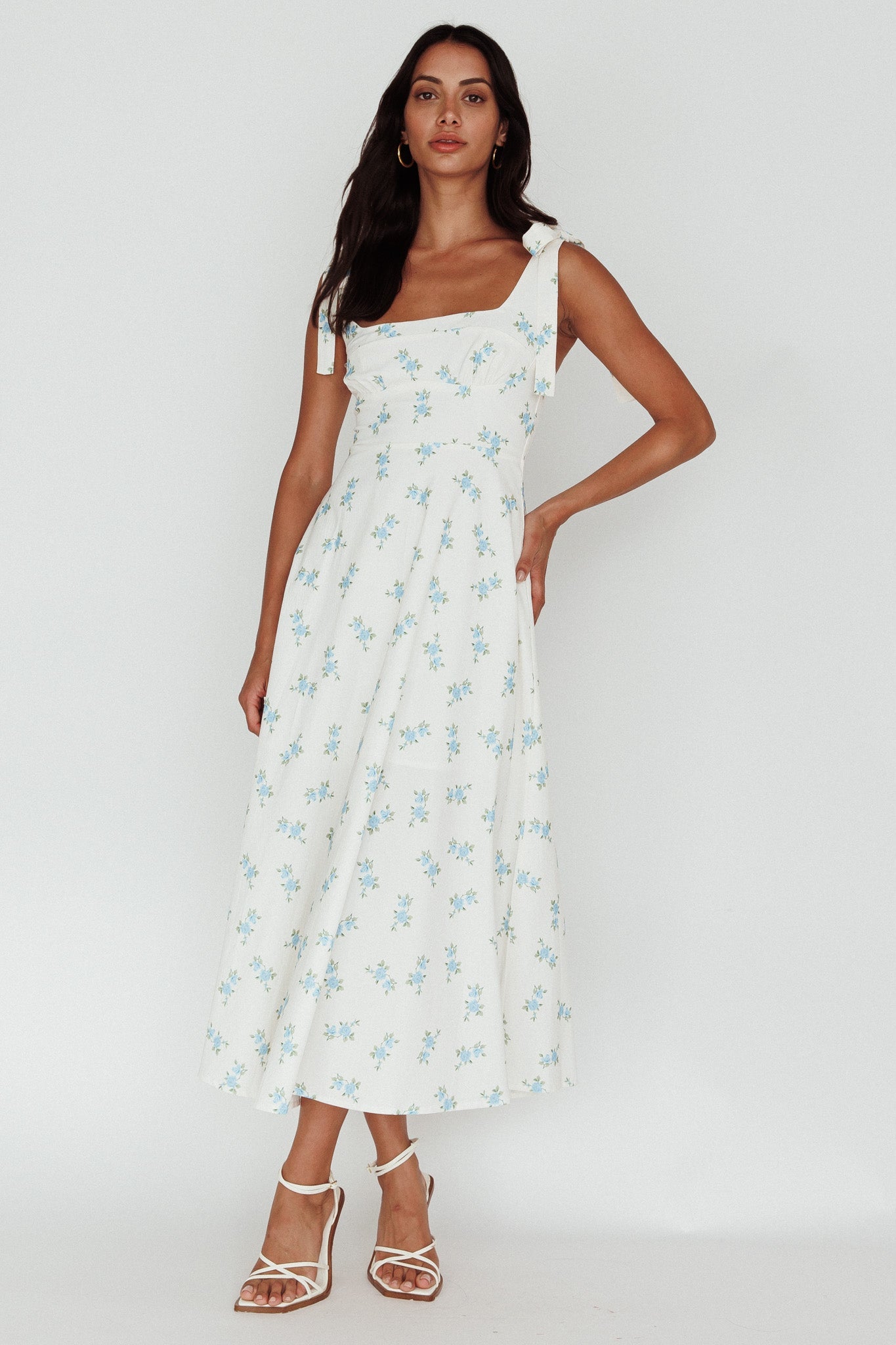 Mathilda Tied Shoulder Midi Dress Blue Floral