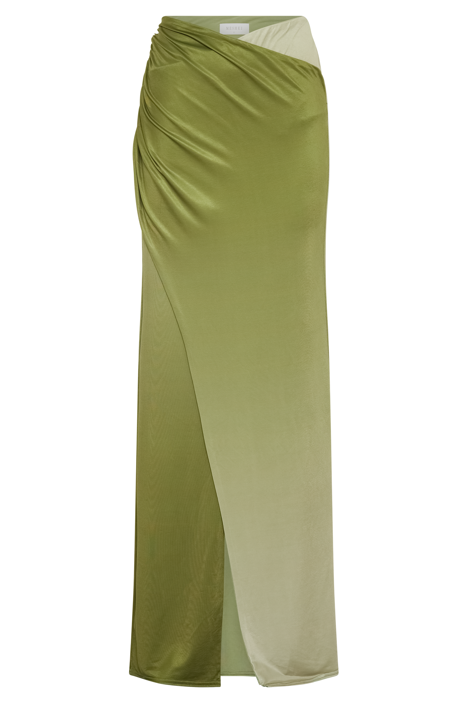 Bronwyn Slinky Ruched Maxi Skirt With Split - Ombre Vintage Olive