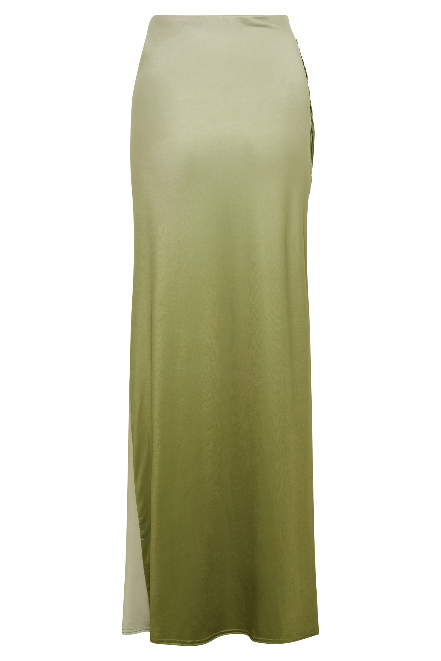 Bronwyn Slinky Ruched Maxi Skirt With Split - Ombre Vintage Olive