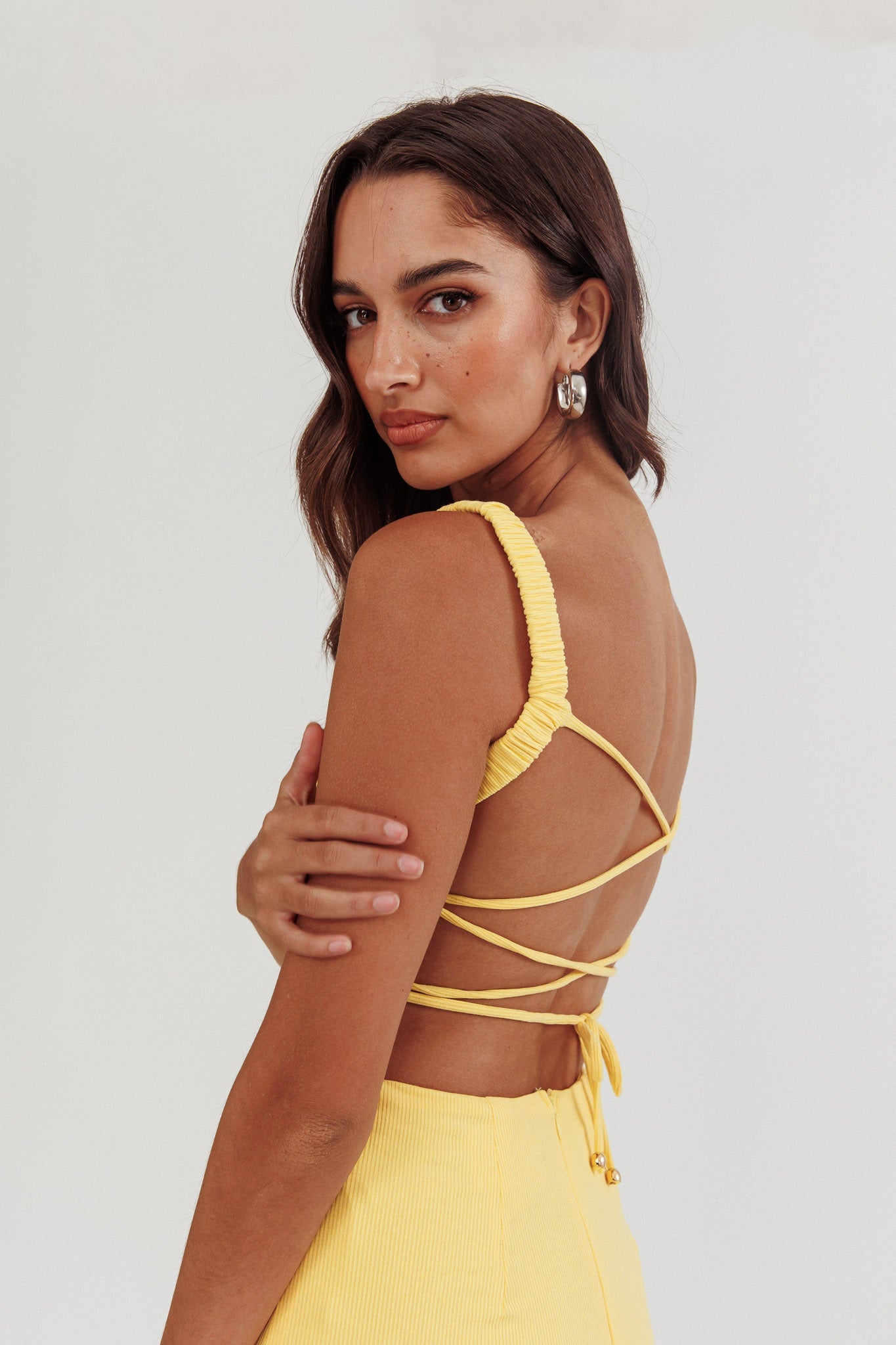 Dream Crush Lace-Up Back Side Split Midi Dress Lemon