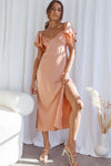 Park Avenue Flutter Sleeve Side Split Midi Dress Apricot