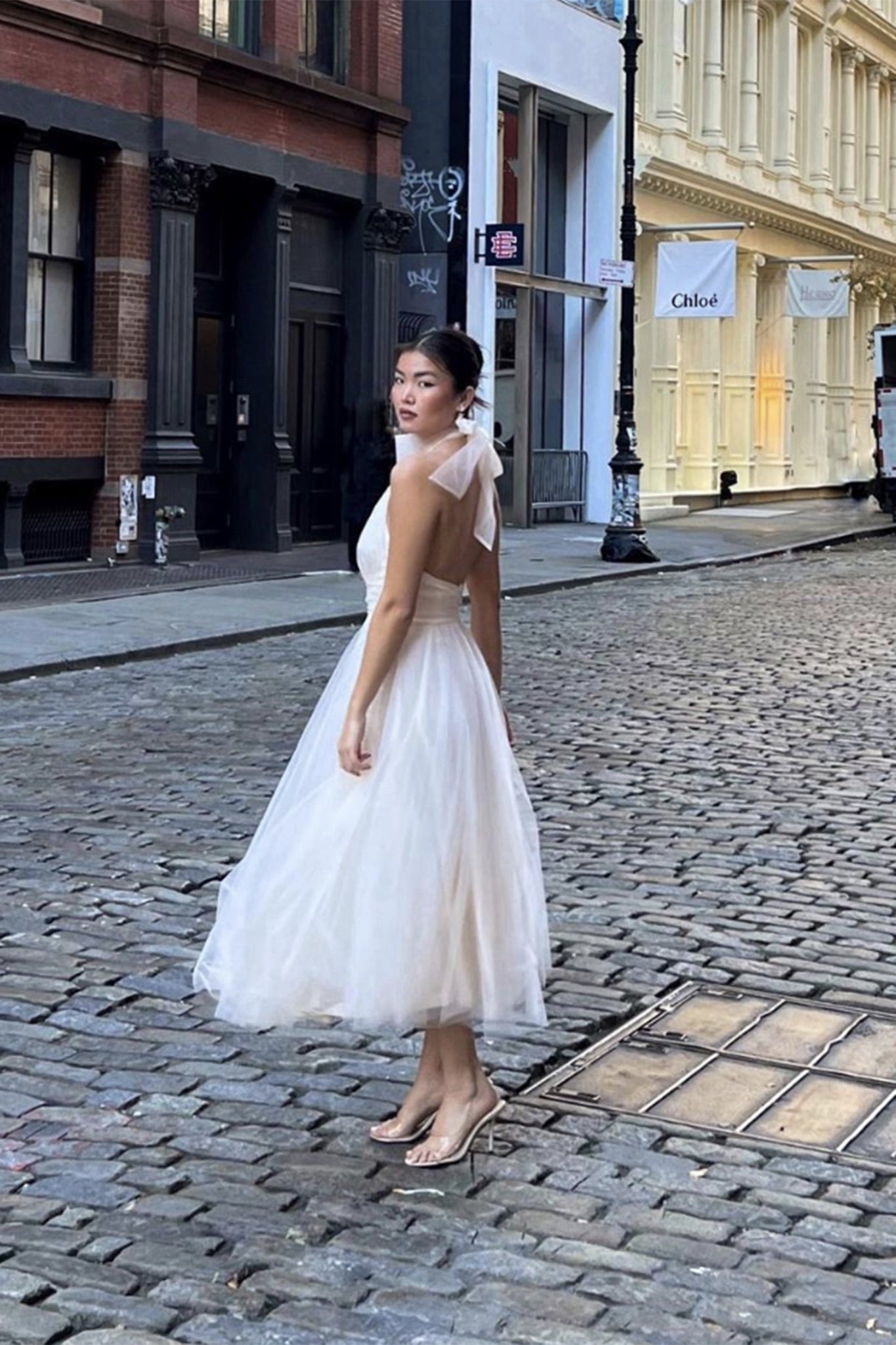 Andria Halterneck Tulle Midi Dress Ivory