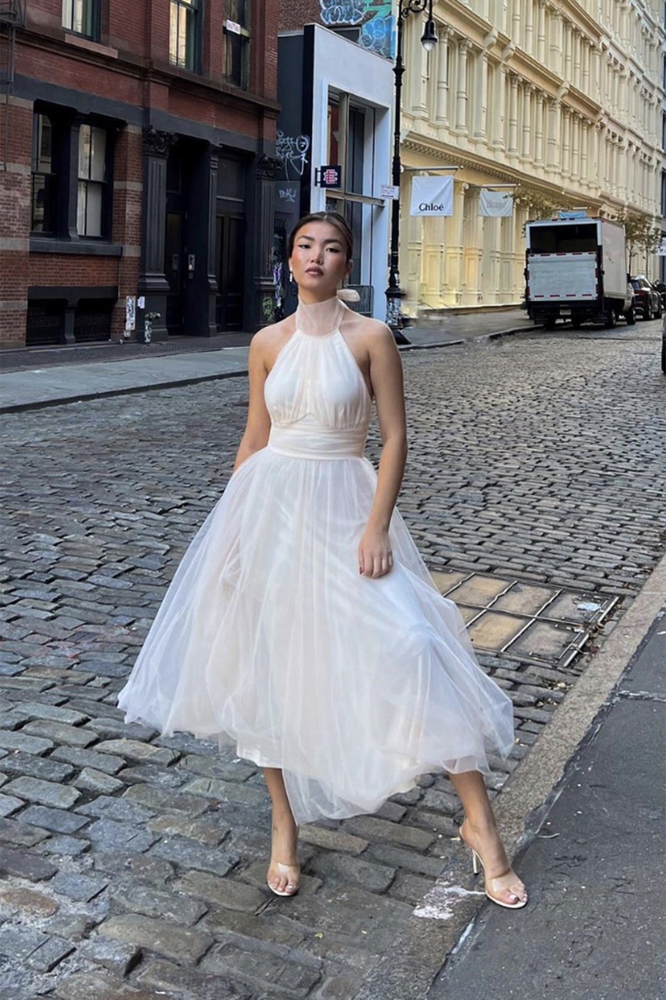 Andria Halterneck Tulle Midi Dress Ivory