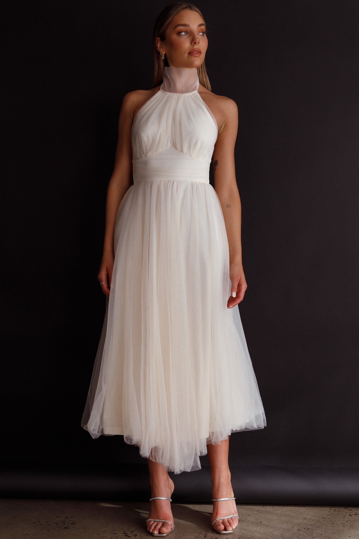 Andria Halterneck Tulle Midi Dress Ivory