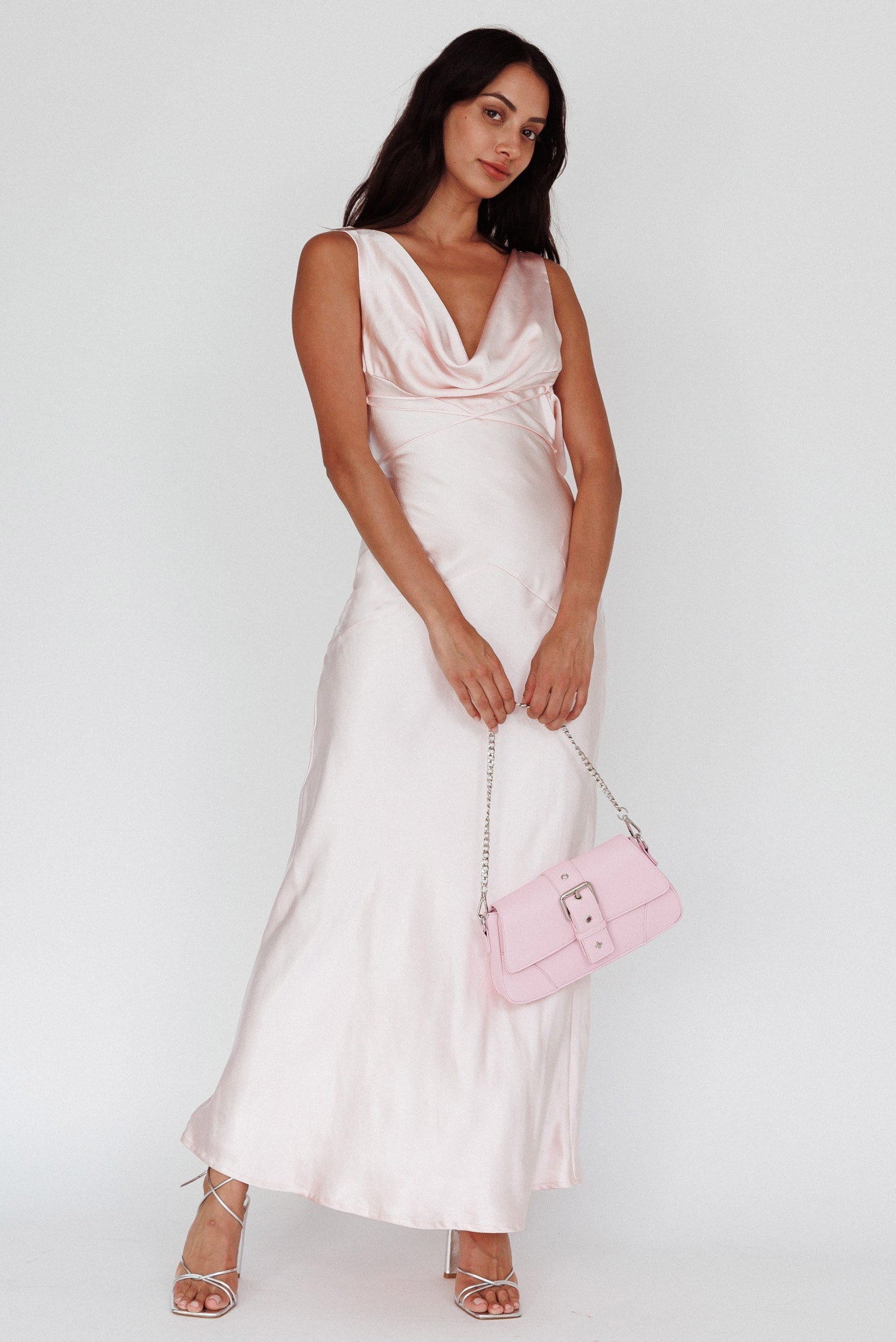 Cassiopeia Open Back String Tie Maxi Dress Powder Pink