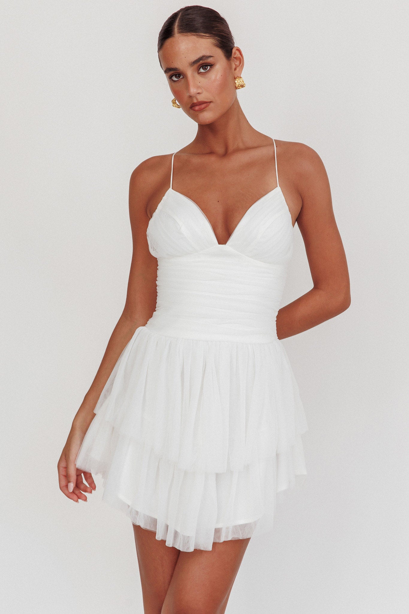 Nightingale Ruched Mesh Mini Dress White