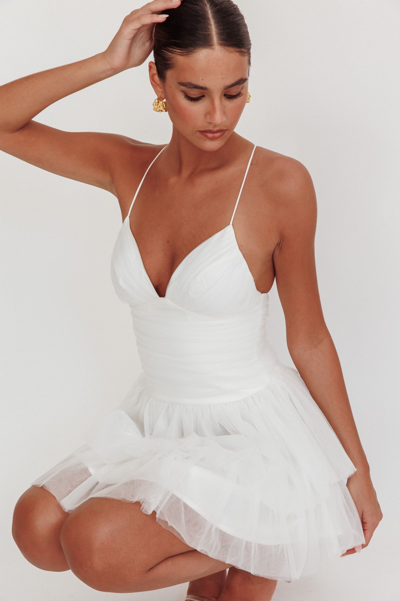 Nightingale Ruched Mesh Mini Dress White