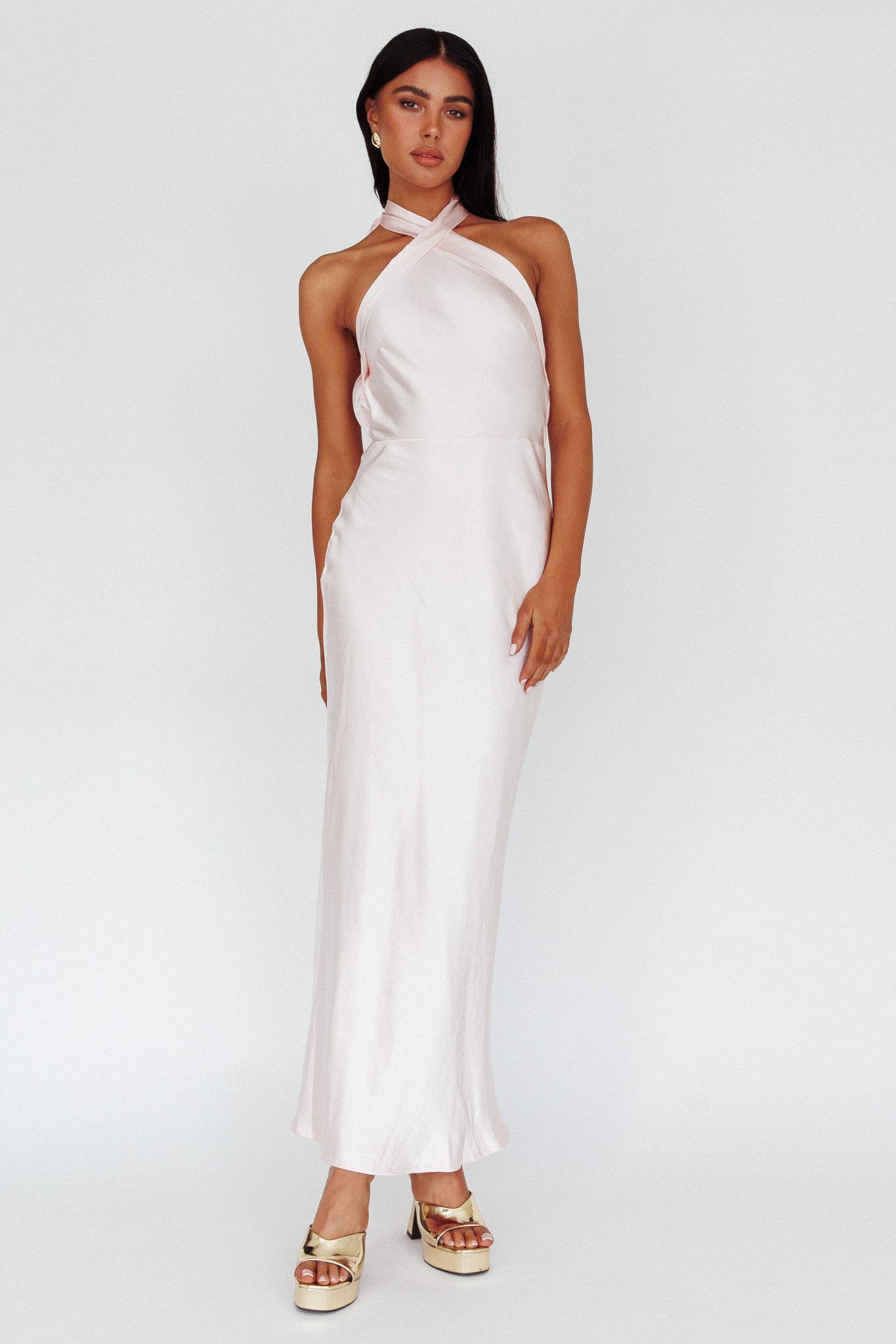 Italia Azure Crossover Halterneck Maxi Dress Pearl