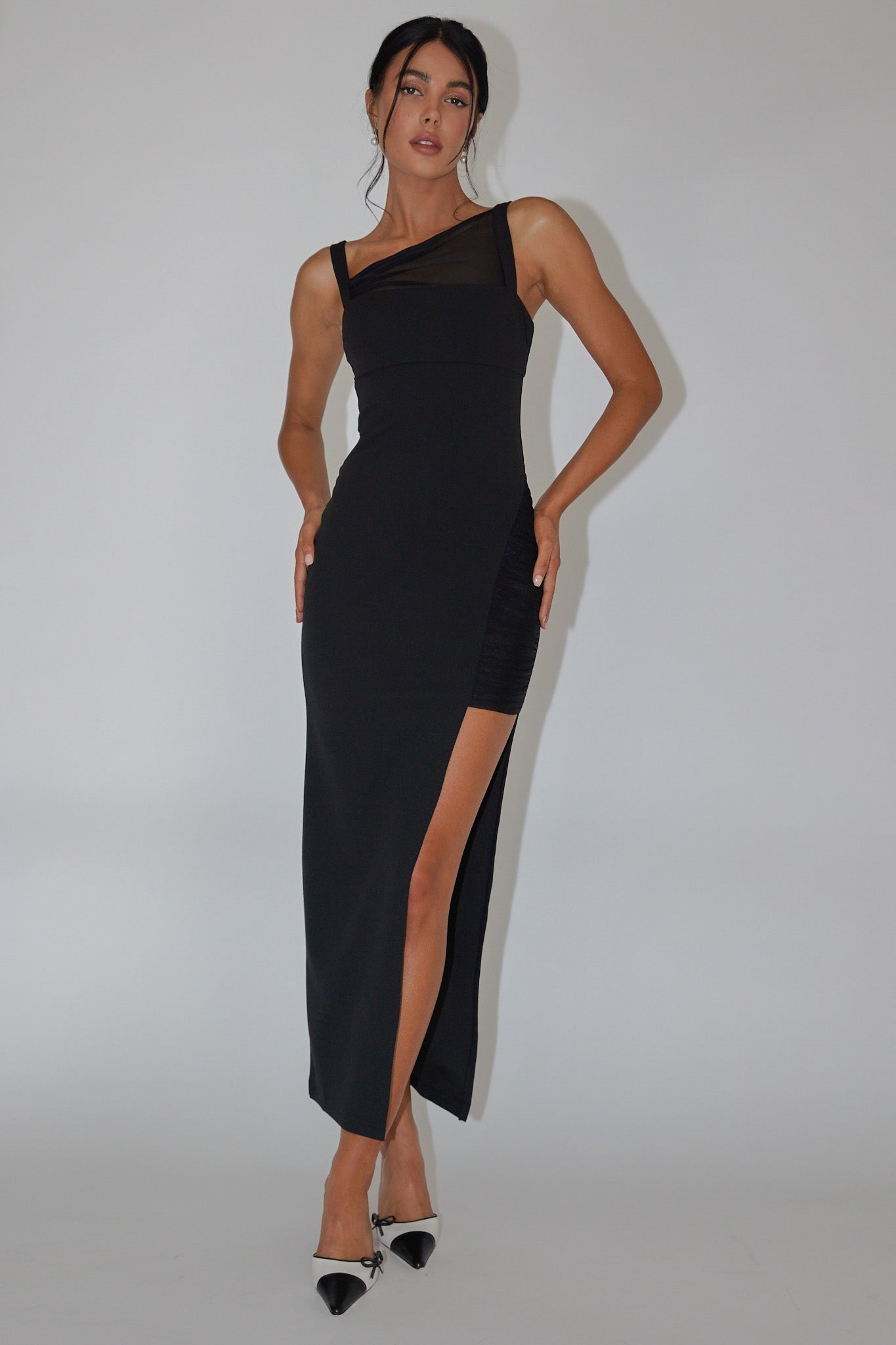 Zenya Split Ruched Midi Dress Black