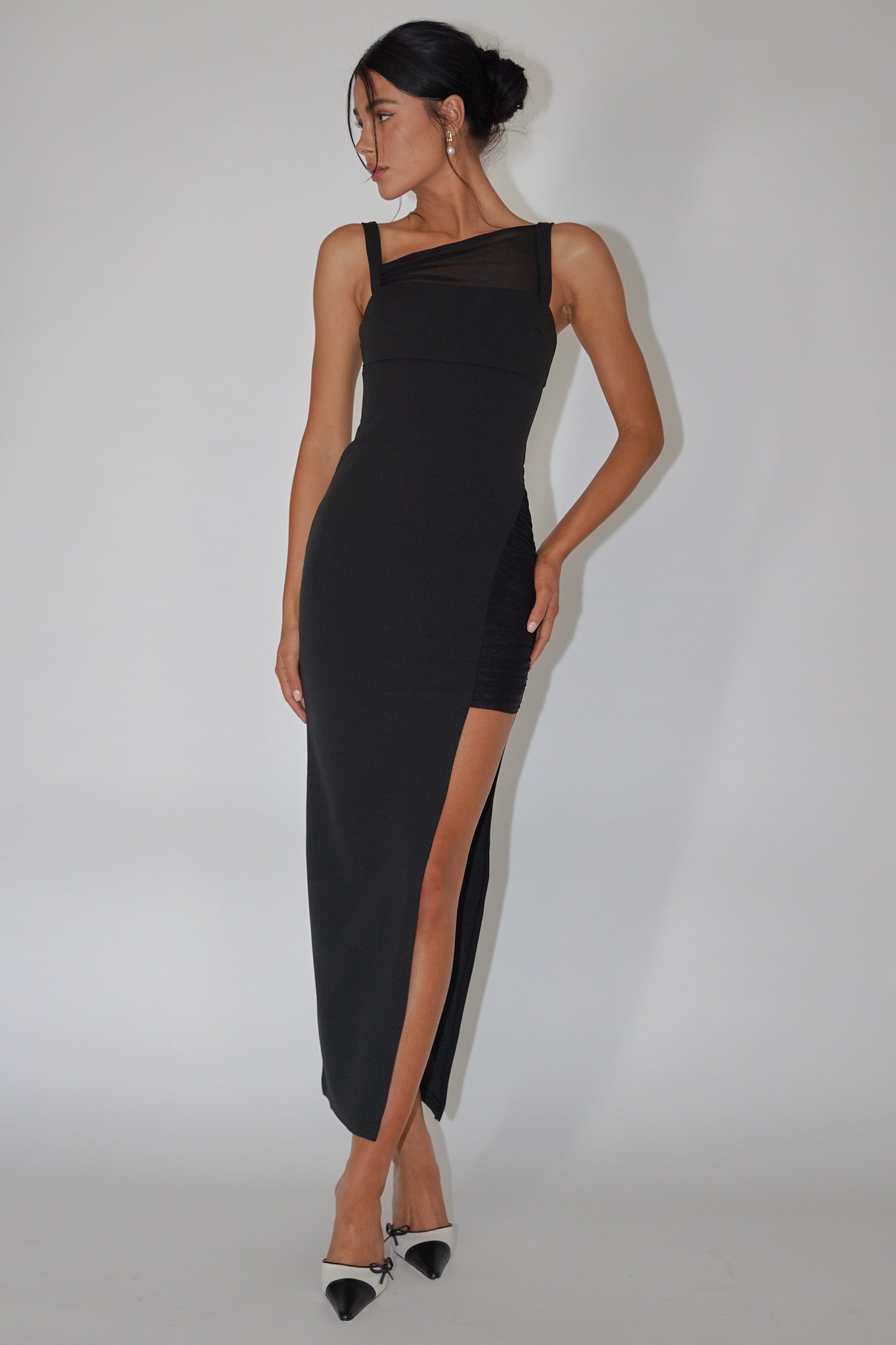 Zenya Split Ruched Midi Dress Black