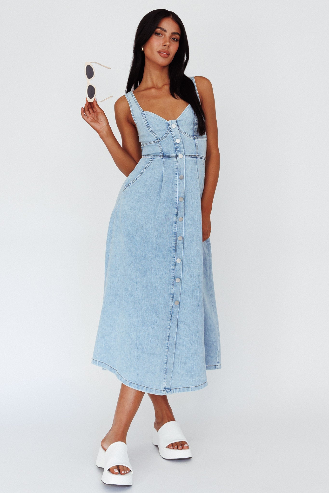 Pixie Dust Button Front Midi Dress Denim Blue