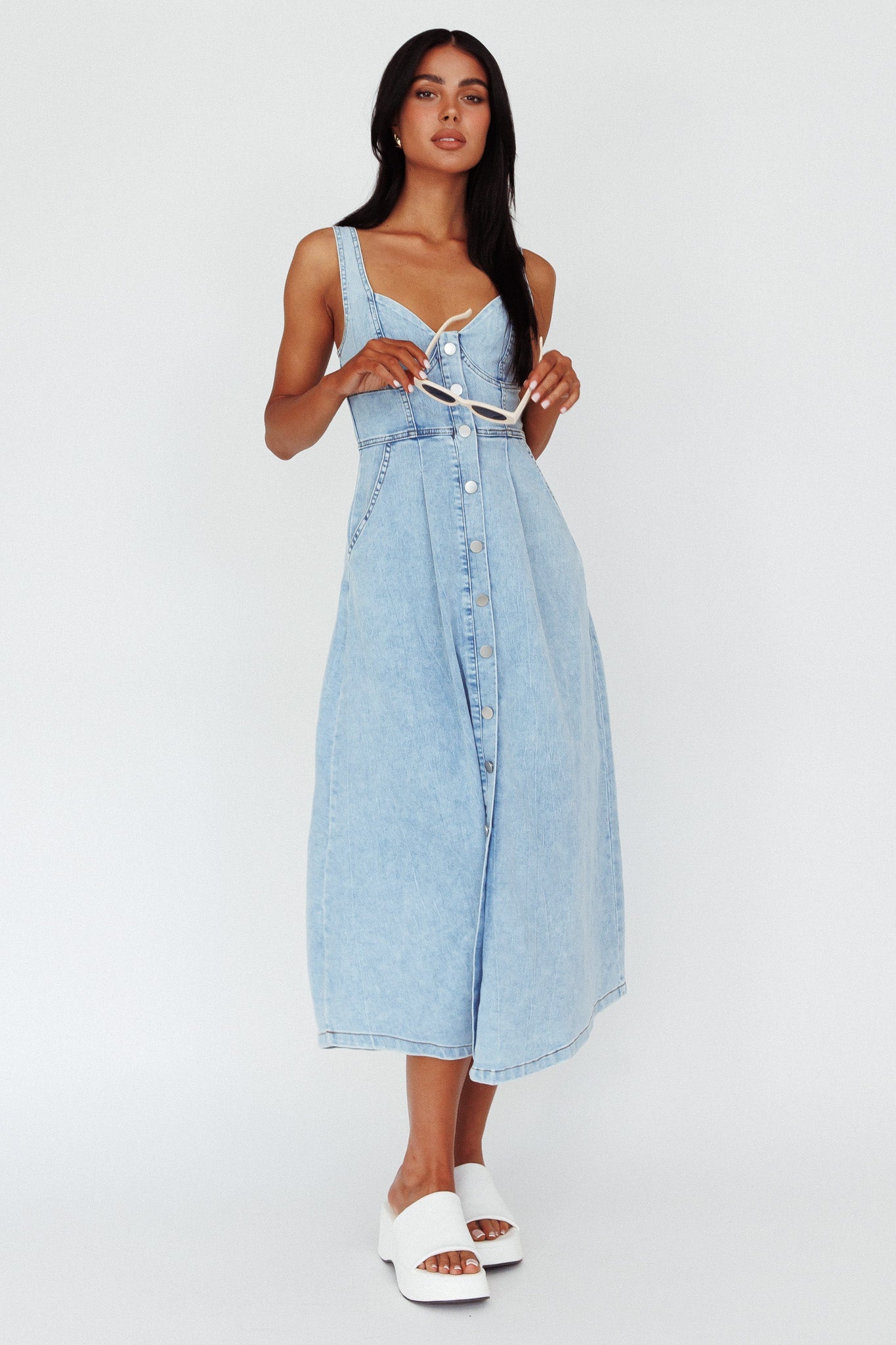 Pixie Dust Button Front Midi Dress Denim Blue