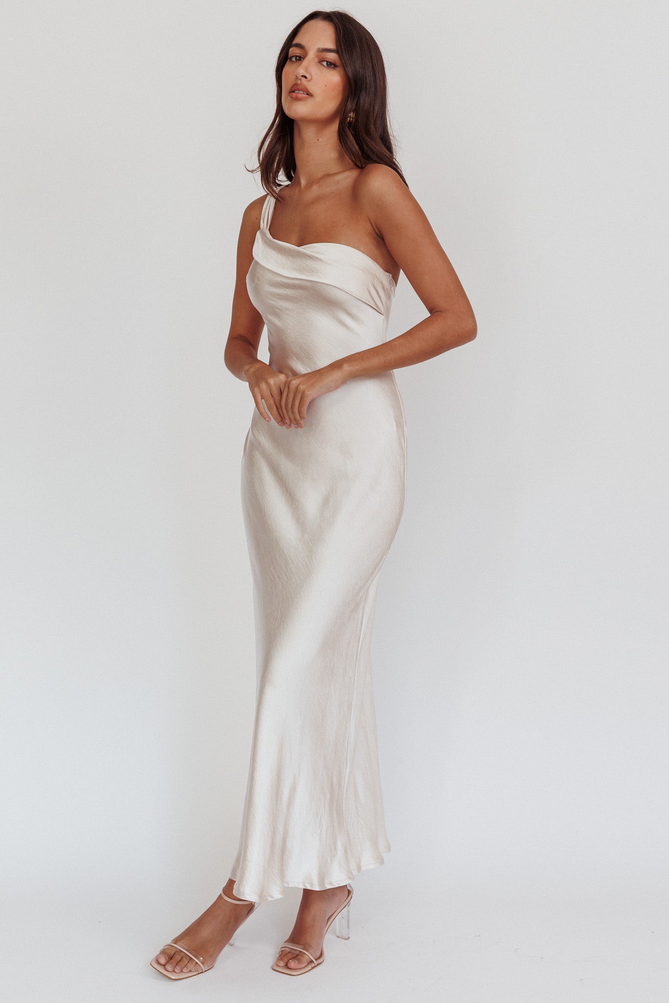 Carmel One-Shoulder Sash Maxi Dress Champagne