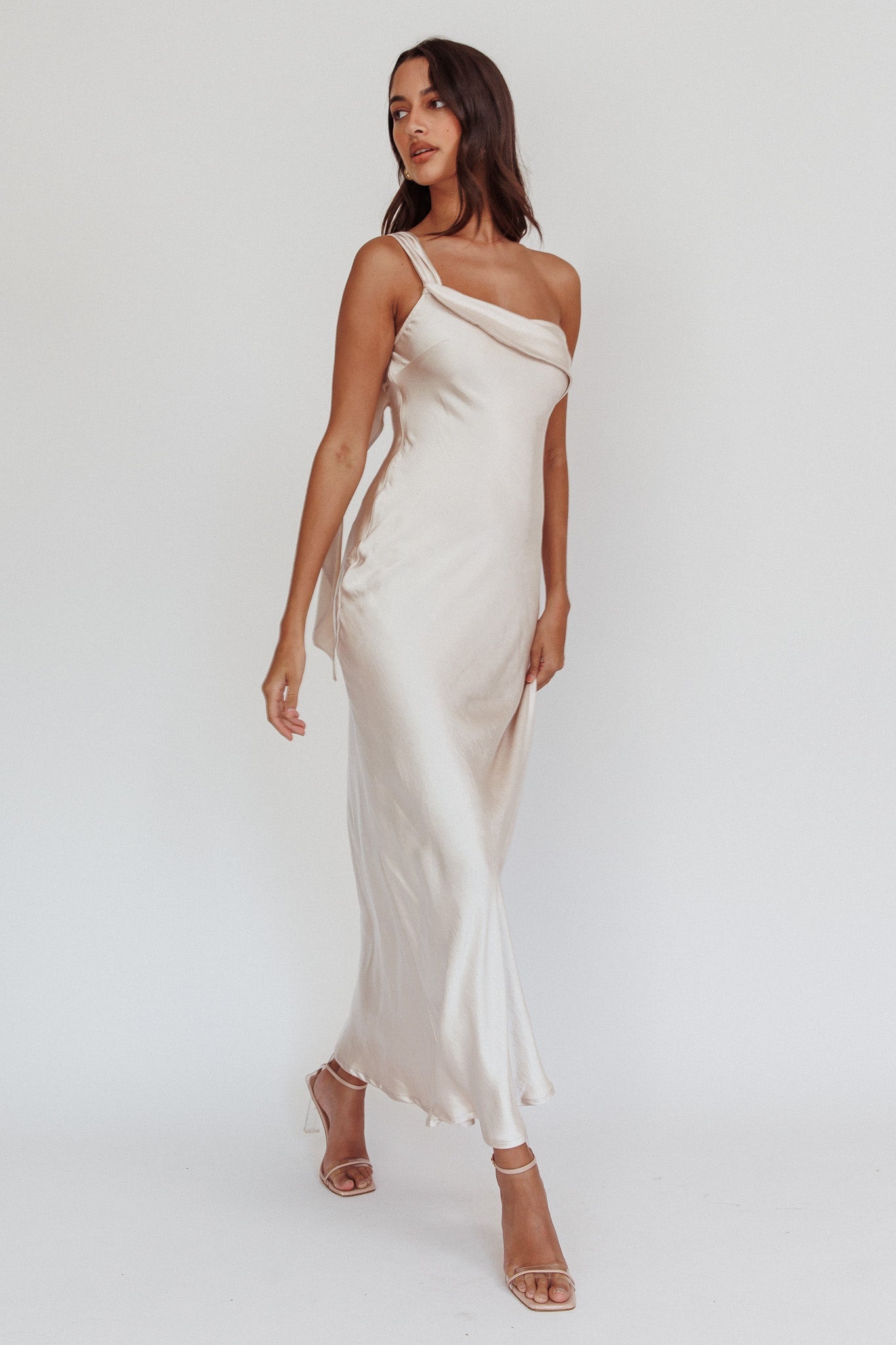 Carmel One-Shoulder Sash Maxi Dress Champagne