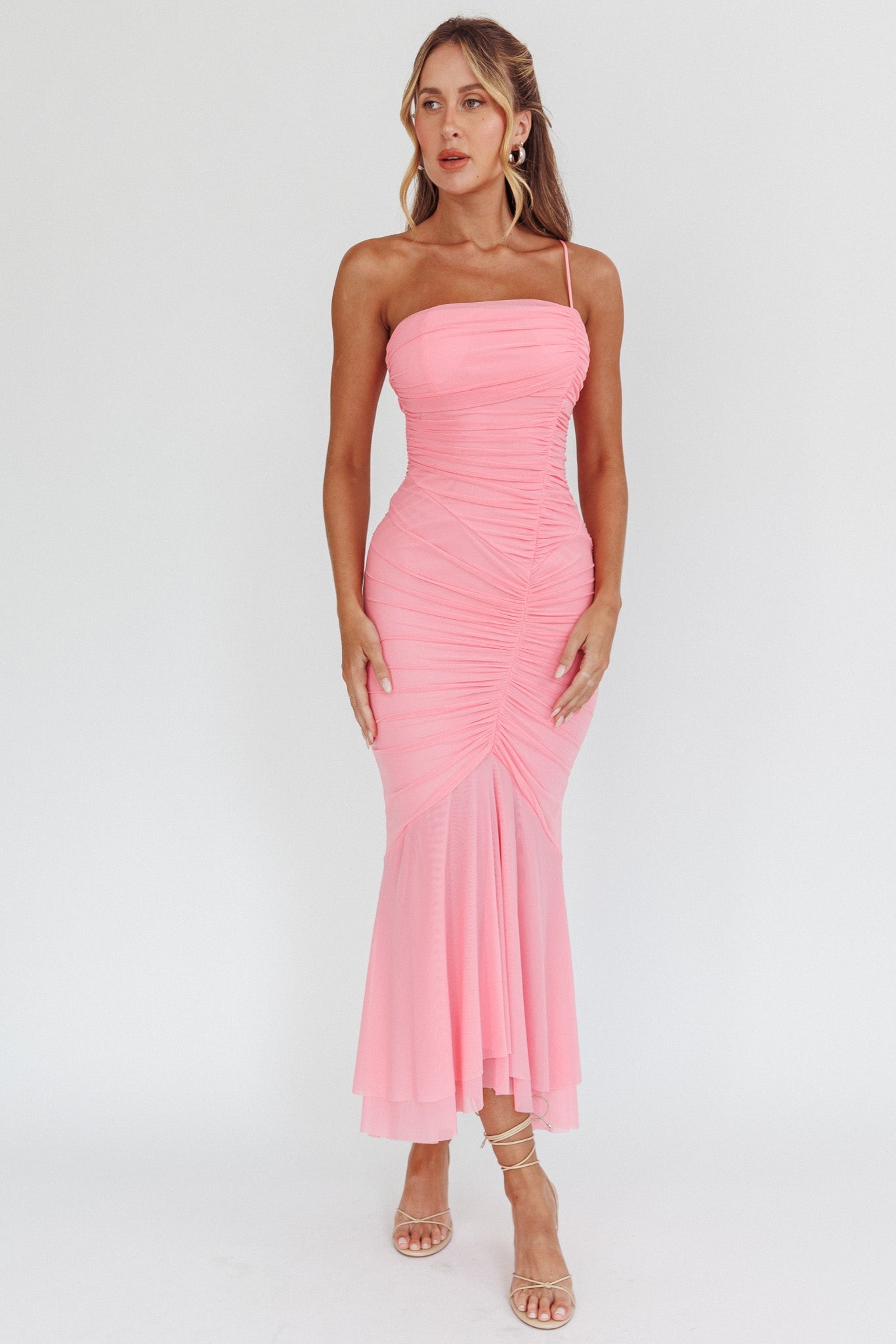 By Chance One Strap Ruched Maxi Dress Pink