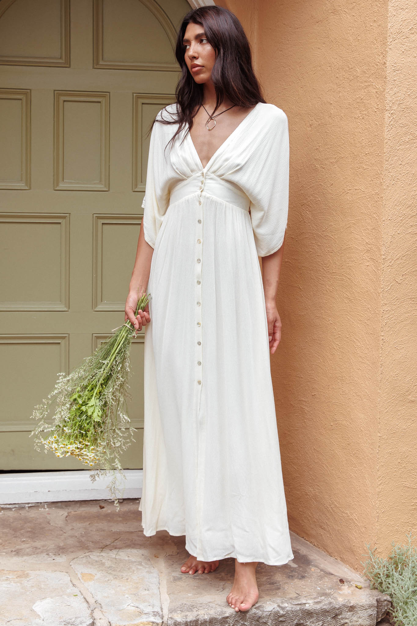 Paradise Found V-Neck Button Maxi Dress Natural