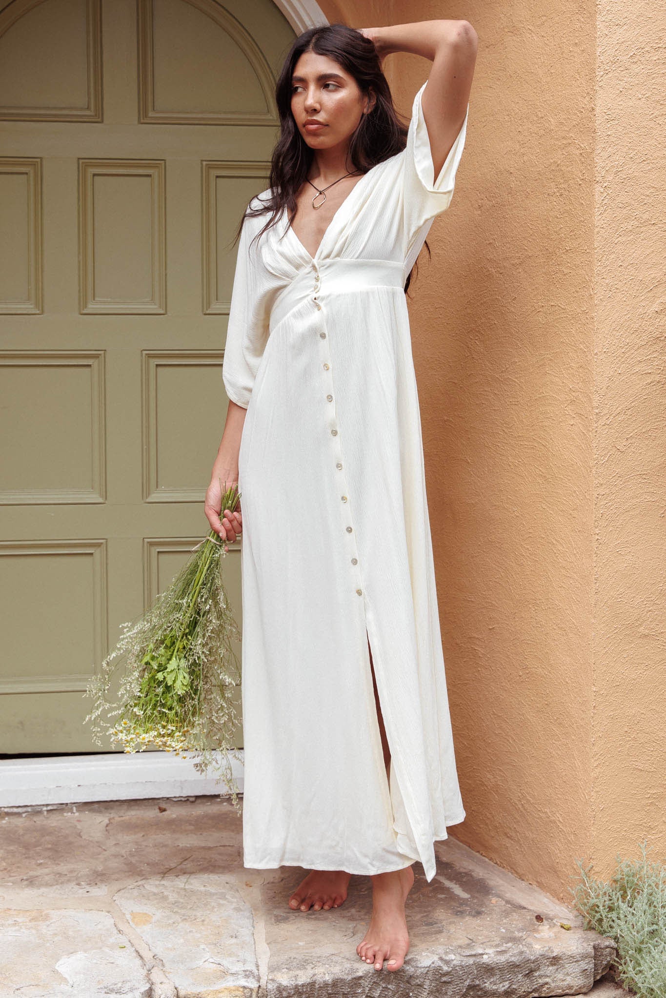 Paradise Found V-Neck Button Maxi Dress Natural