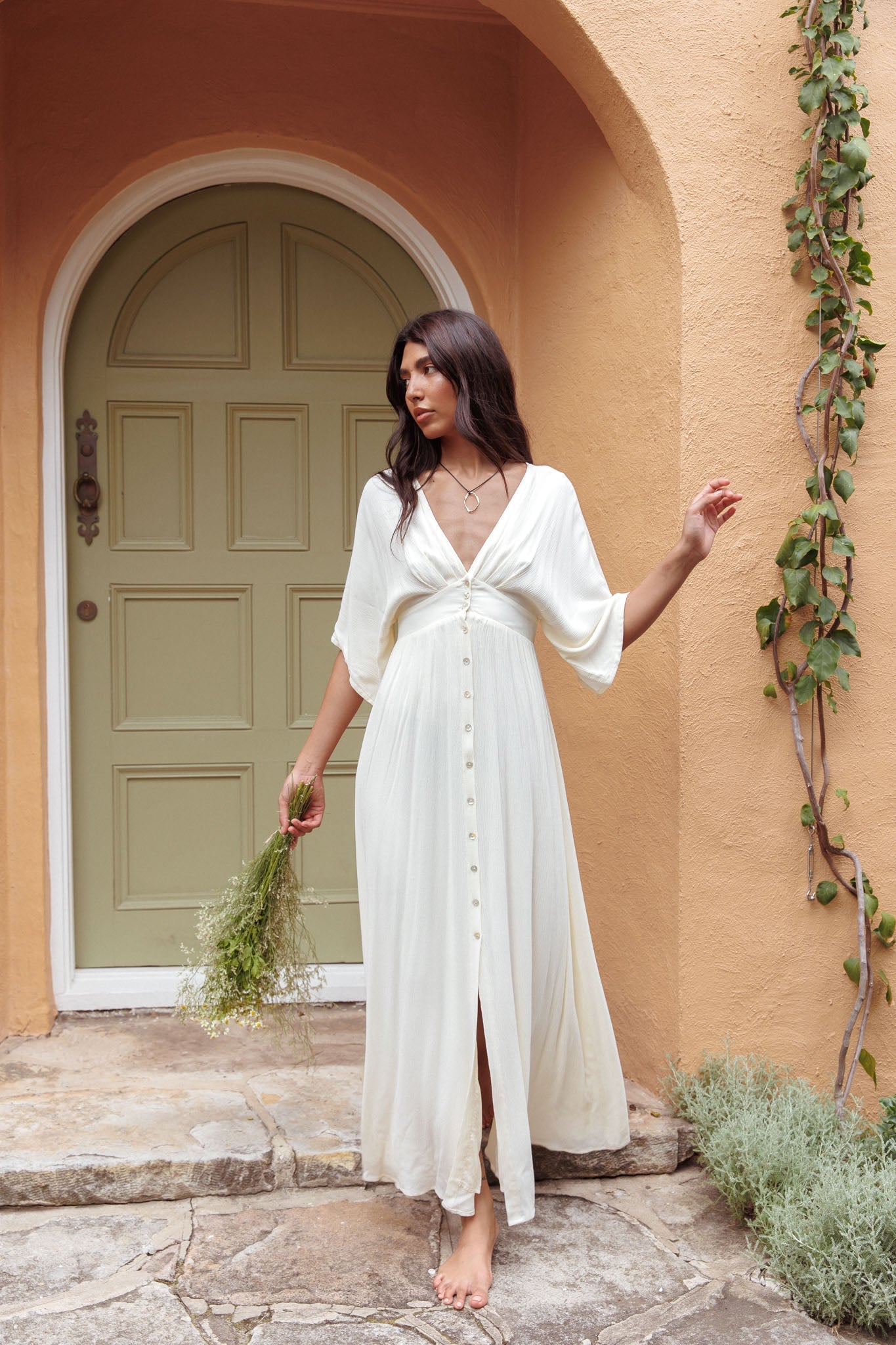 Paradise Found V-Neck Button Maxi Dress Natural