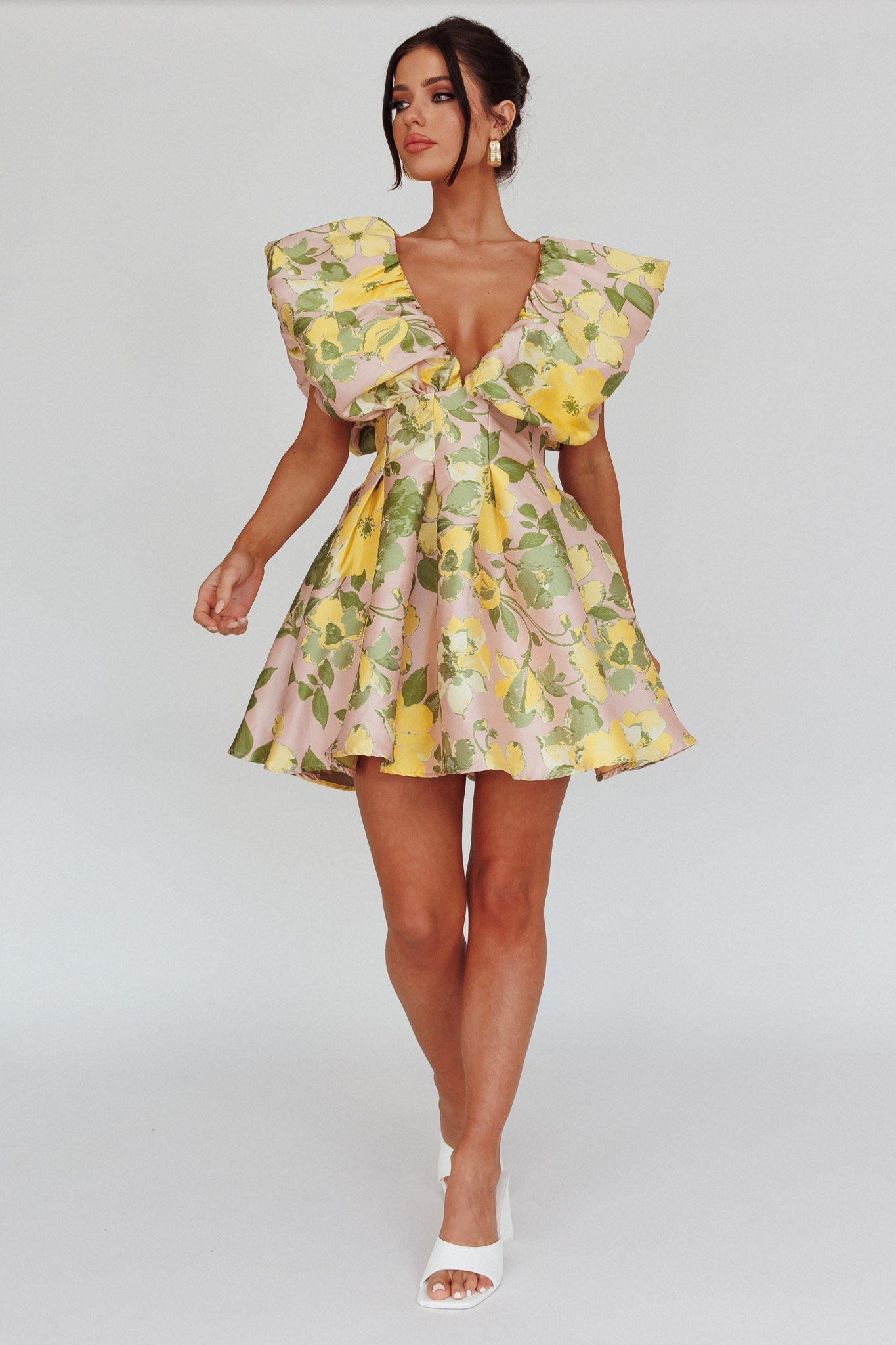 Bennet Puffed Neckline Mini Dress Floral Pink/Yellow