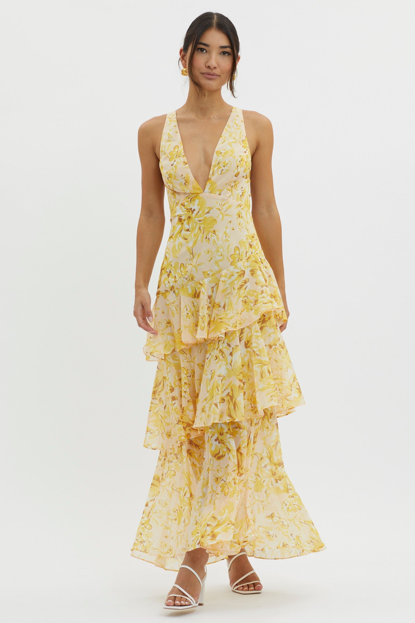 Veda Strappy Back Ruffle Midi Dress Floral Yellow