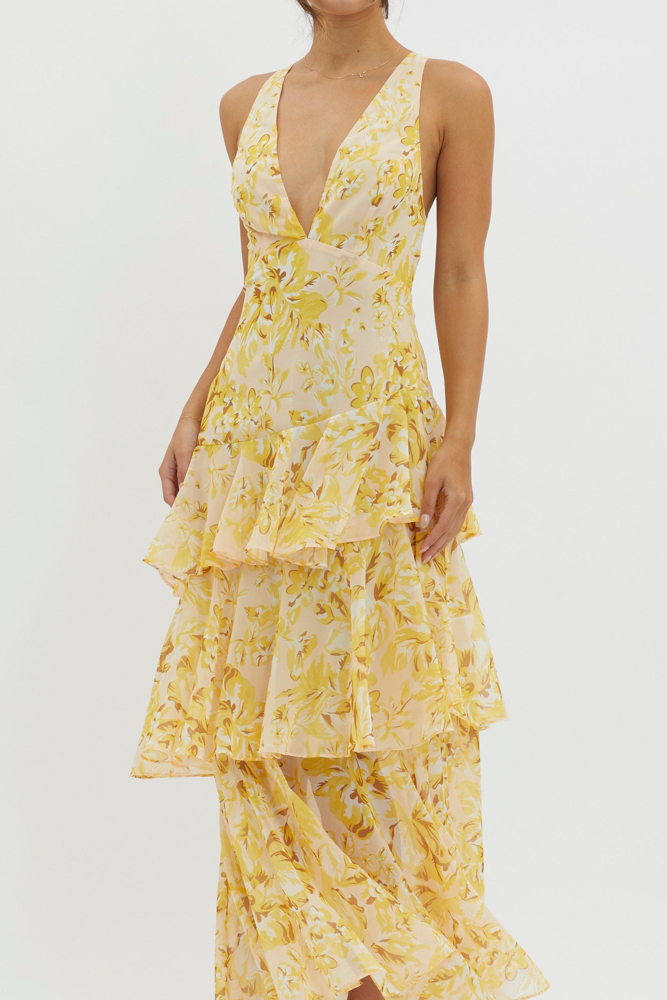 Veda Strappy Back Ruffle Midi Dress Floral Yellow