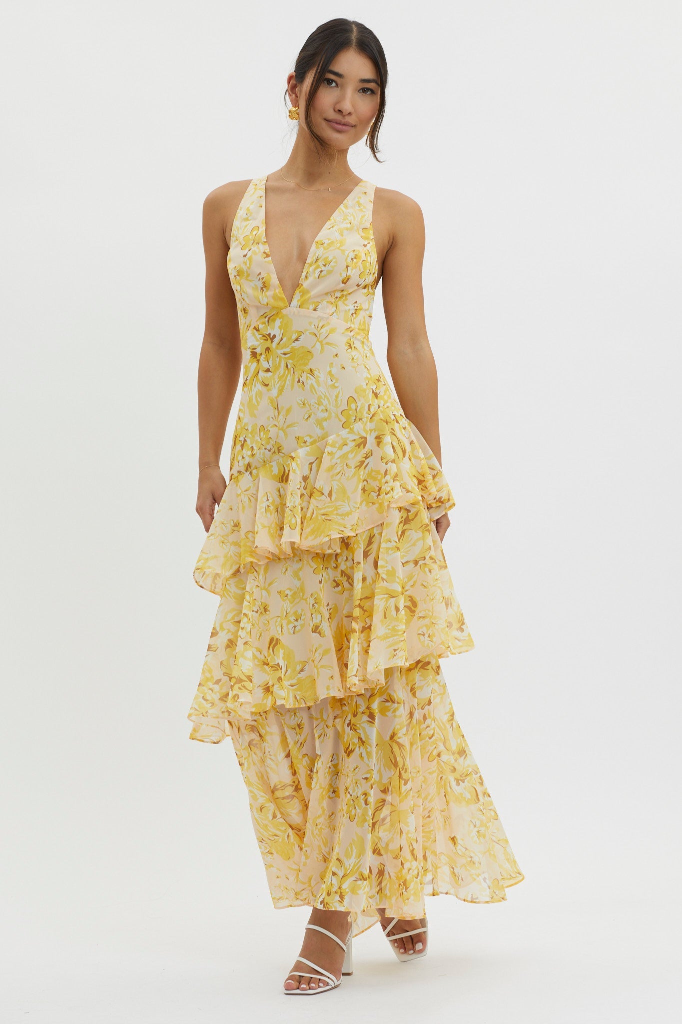 Veda Strappy Back Ruffle Midi Dress Floral Yellow