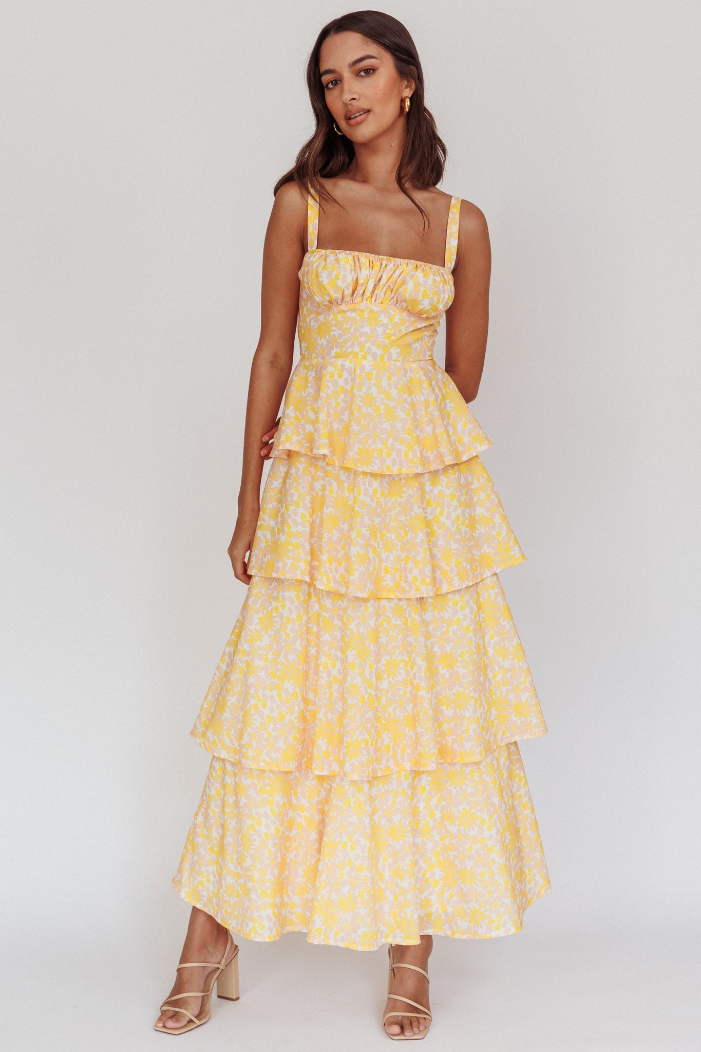 Provence Bloom Tiered Ruffle Floral Maxi Dress Yellow