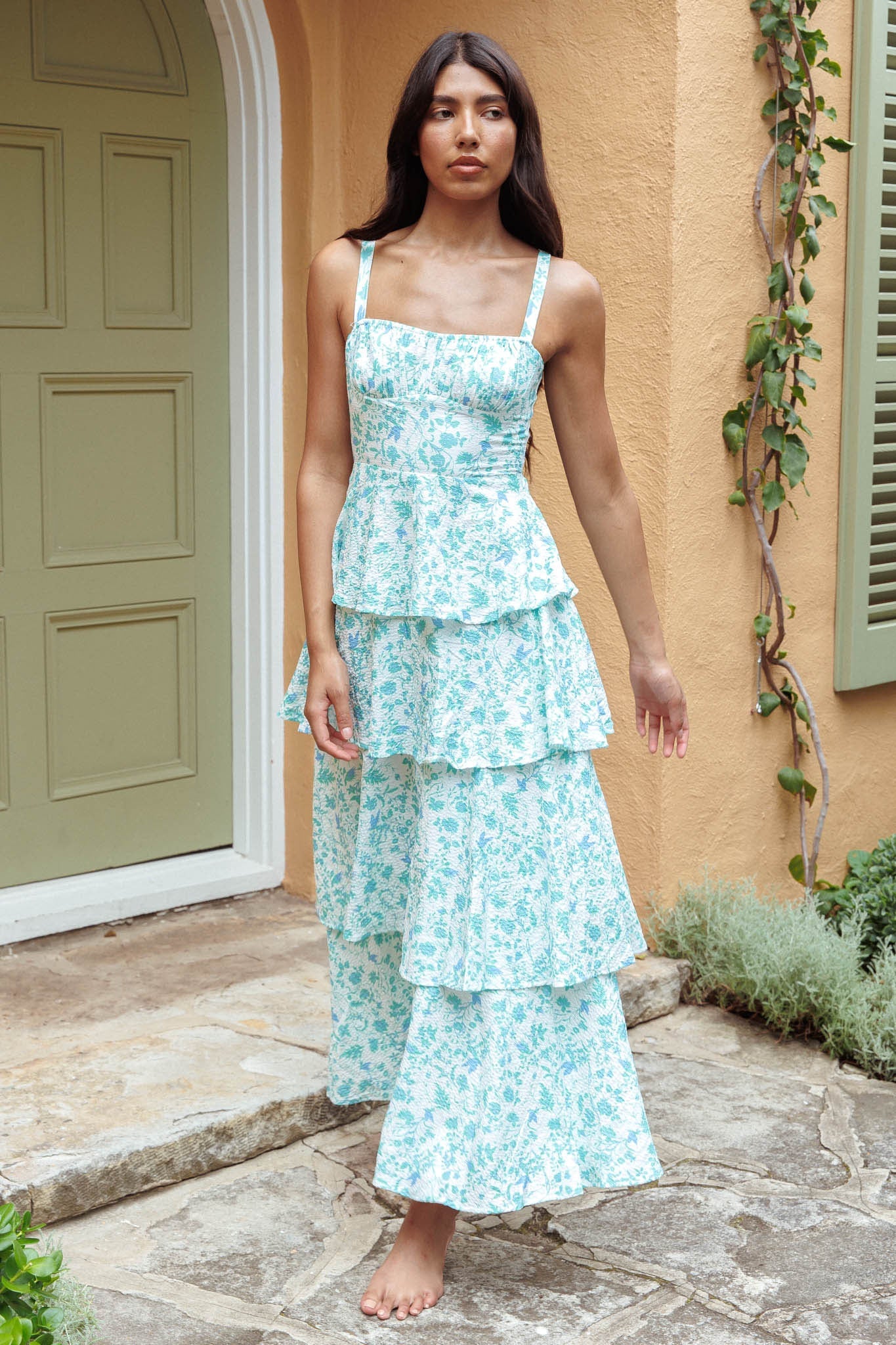 Provence Bloom Tiered Midi Dress Floral Green