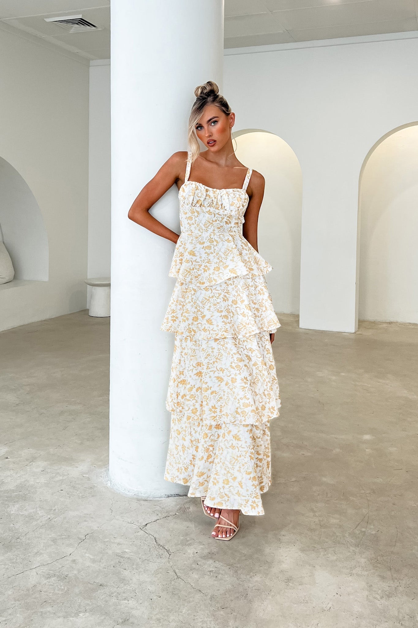 Provence Bloom Tiered Midi Dress Floral Yellow