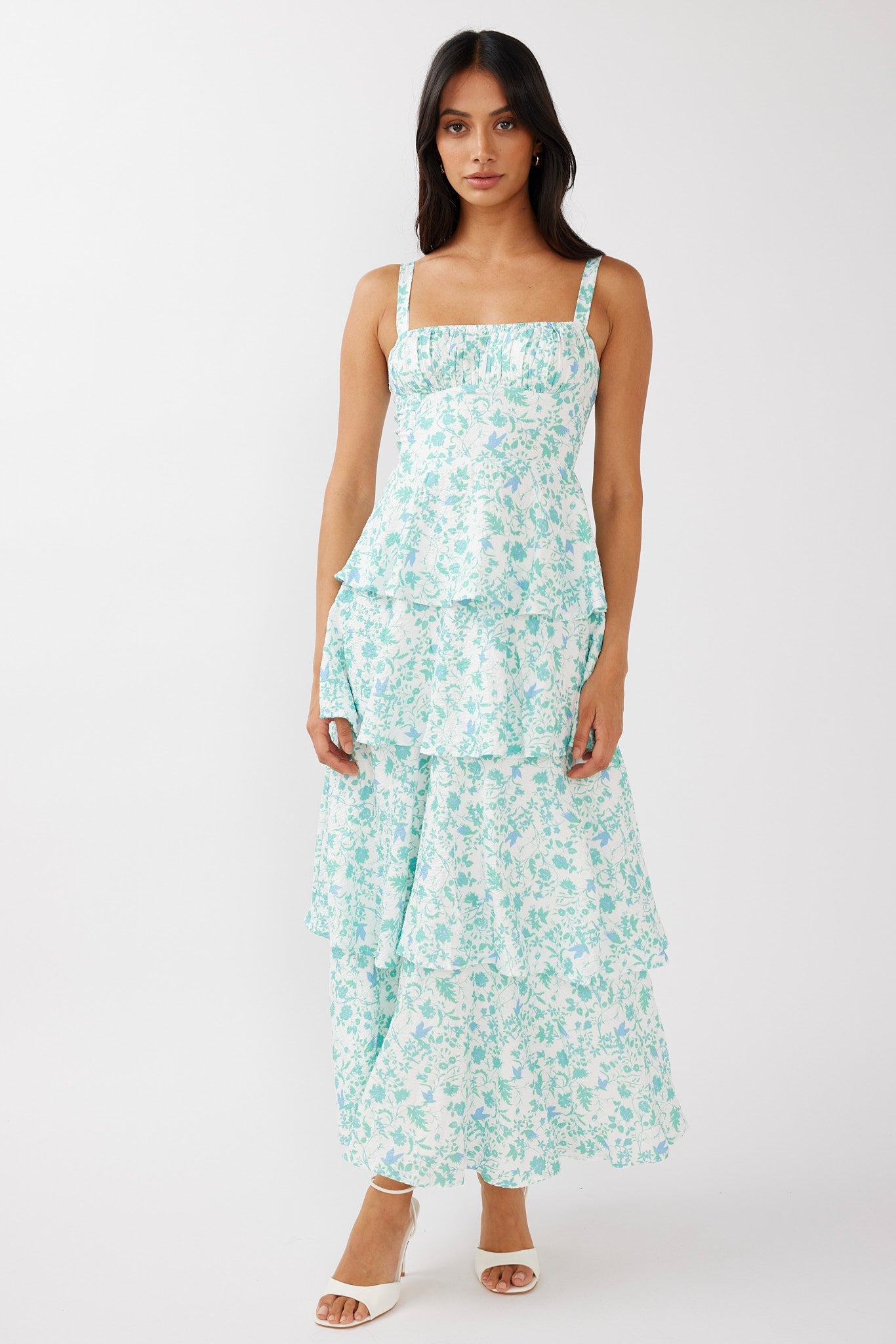 Provence Bloom Tiered Midi Dress Floral Green